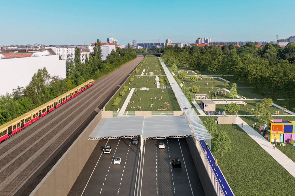 Unten fahren Autos, oben wird gespielt: Die CDU wünscht sich den 17. Bauabschnitt der A100 nach Lichtenberg als grüne Klima-Autobahn.