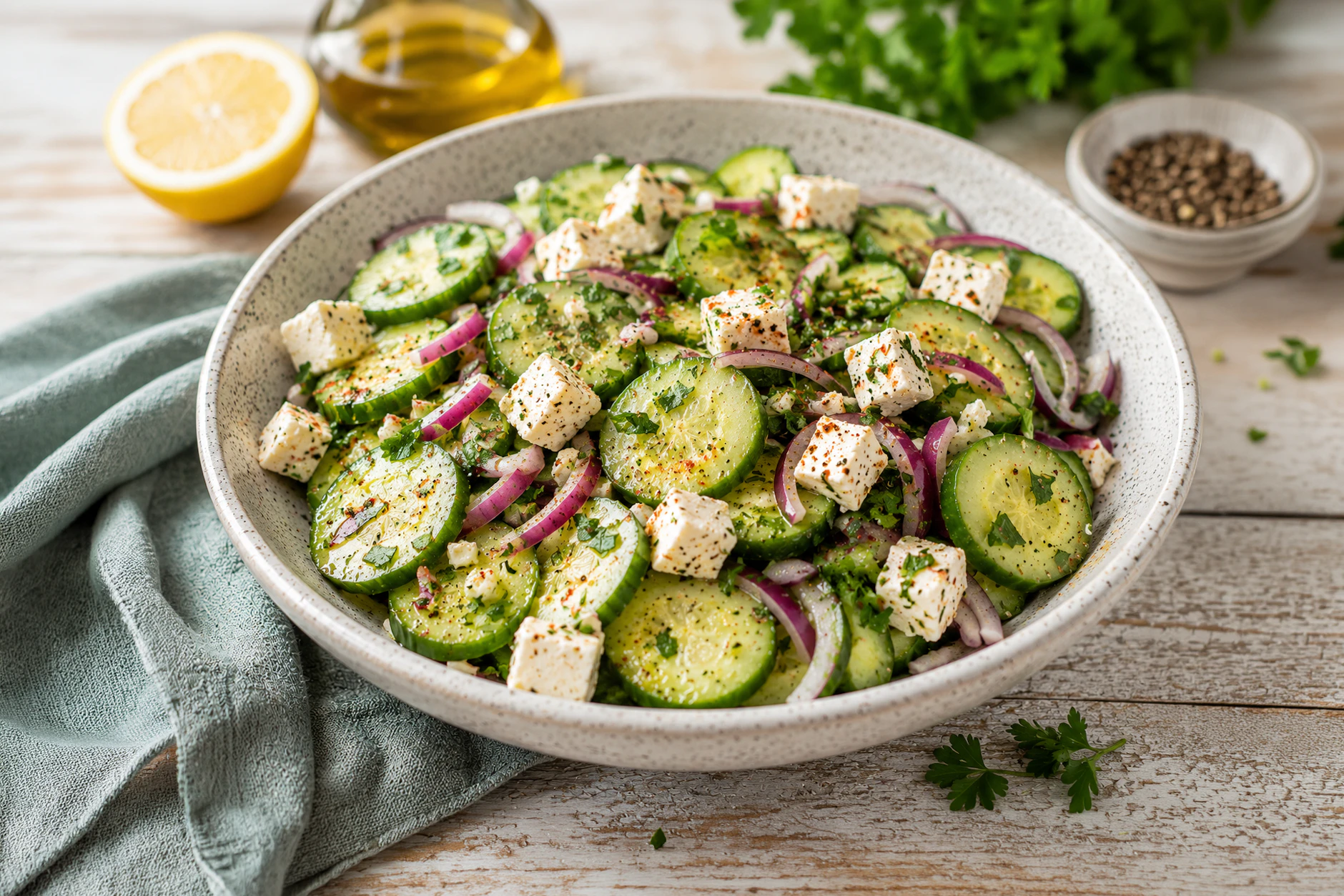 Leicht, frisch und richtig lecker: Gurkensalat mit Feta ist eine echte Spezialität für die warme Jahreszeit. Er schmeckt klasse und besteht nur aus einfachen Zutaten.