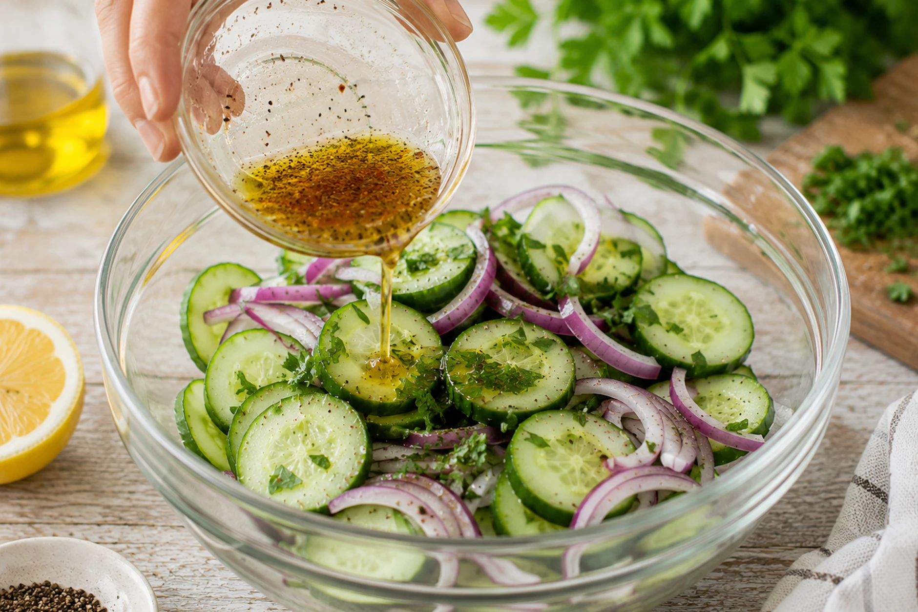 Die Zutaten werden in einer Schüssel mit dem Dressing vermischt. So einfach und schnell ist der leckere Gurkensalat fertig!