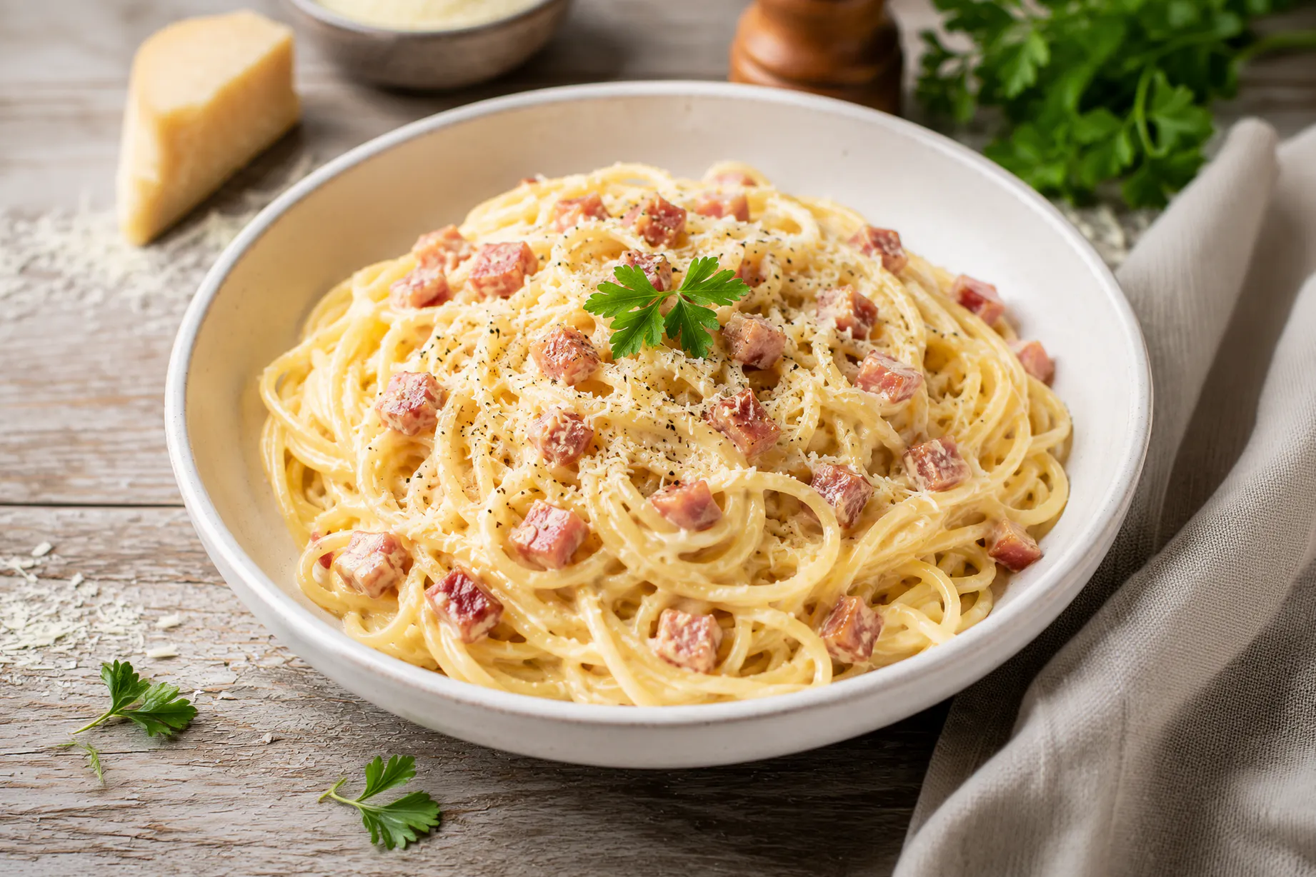 Spaghetti Carbonara ist ein echter Pasta-Klassiker! Wir servieren Ihnen heute ein Rezept für die deutsche Variante mit Sahne, für viele Italiener ein Verstoß gegen die Kochkultur!