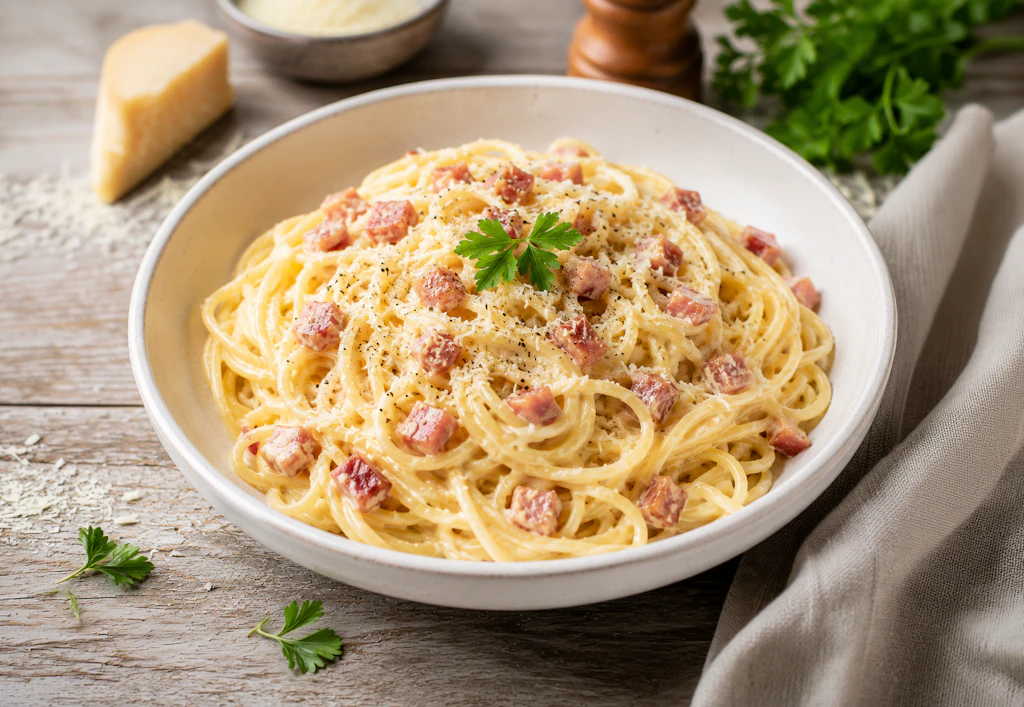 Spaghetti-Carbonara-auf-Deutsch-Sommerpasta-mit-Schinken-und-Sahne
