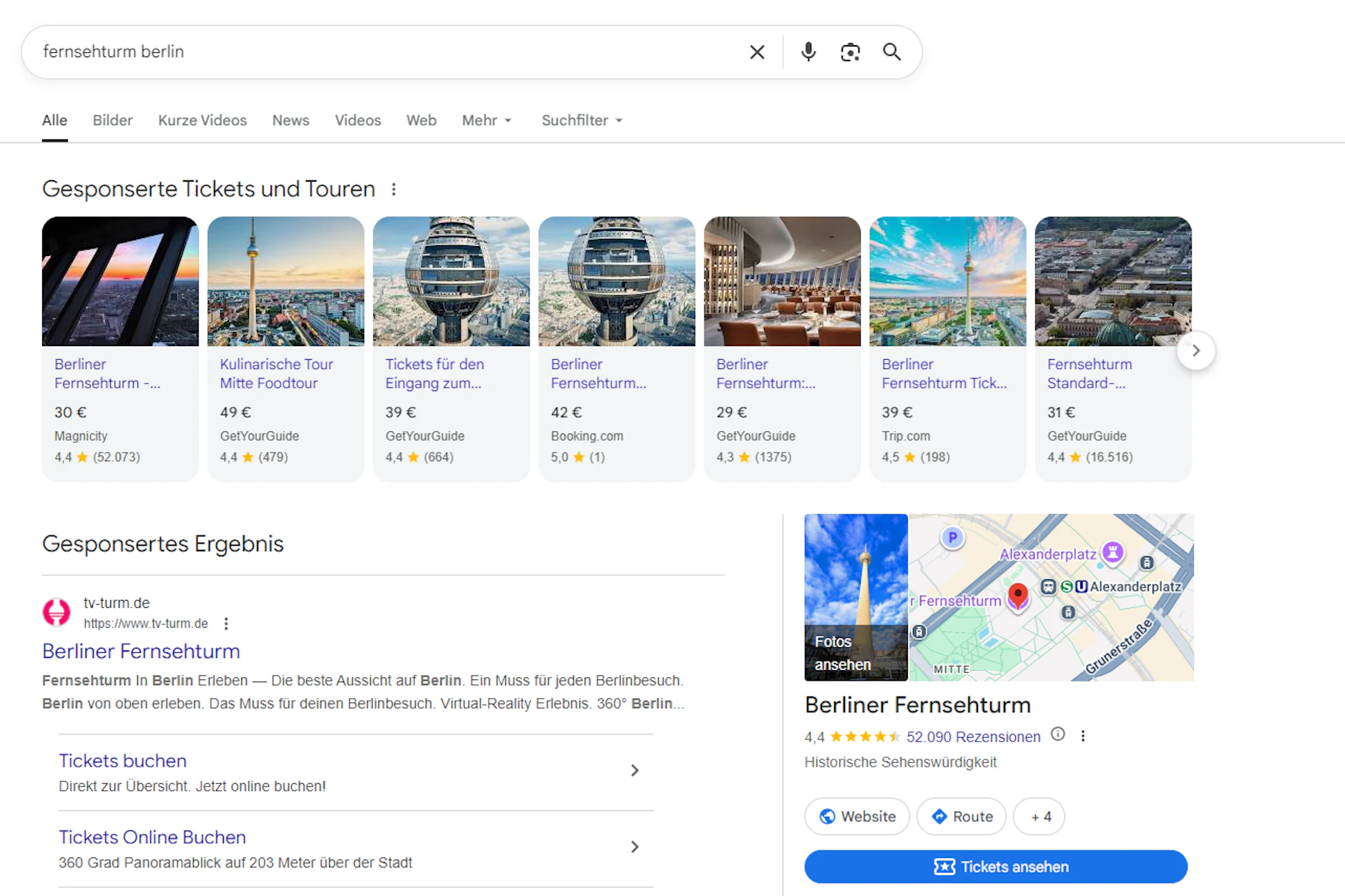Wer beispielsweise den Fernsehturm googelt, kann die kleine Karte von Google Maps auf der rechten Seite nicht mehr interaktiv anklicken.
