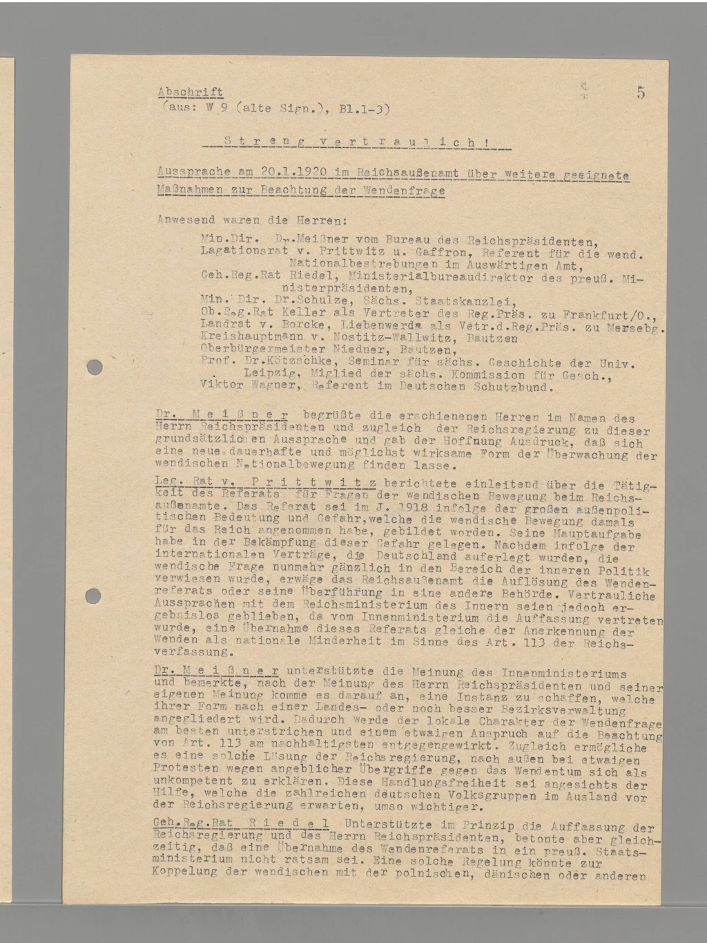 Gründungsakte der Wendenabteilung aus dem Jahr 1920