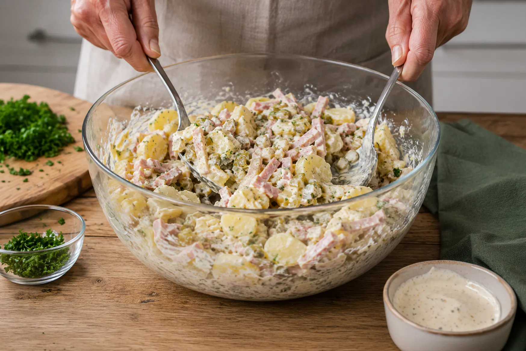 Der Kartoffelsalat ist schnell gemacht - dafür sorgt das Dressing, das auf der Basis von Fleischsalat hergestellt wird. Das Rezept ist ein echter Hit für alle, die einen richtig flotten Kartoffelsalat für den nächsten Grillabend suchen.