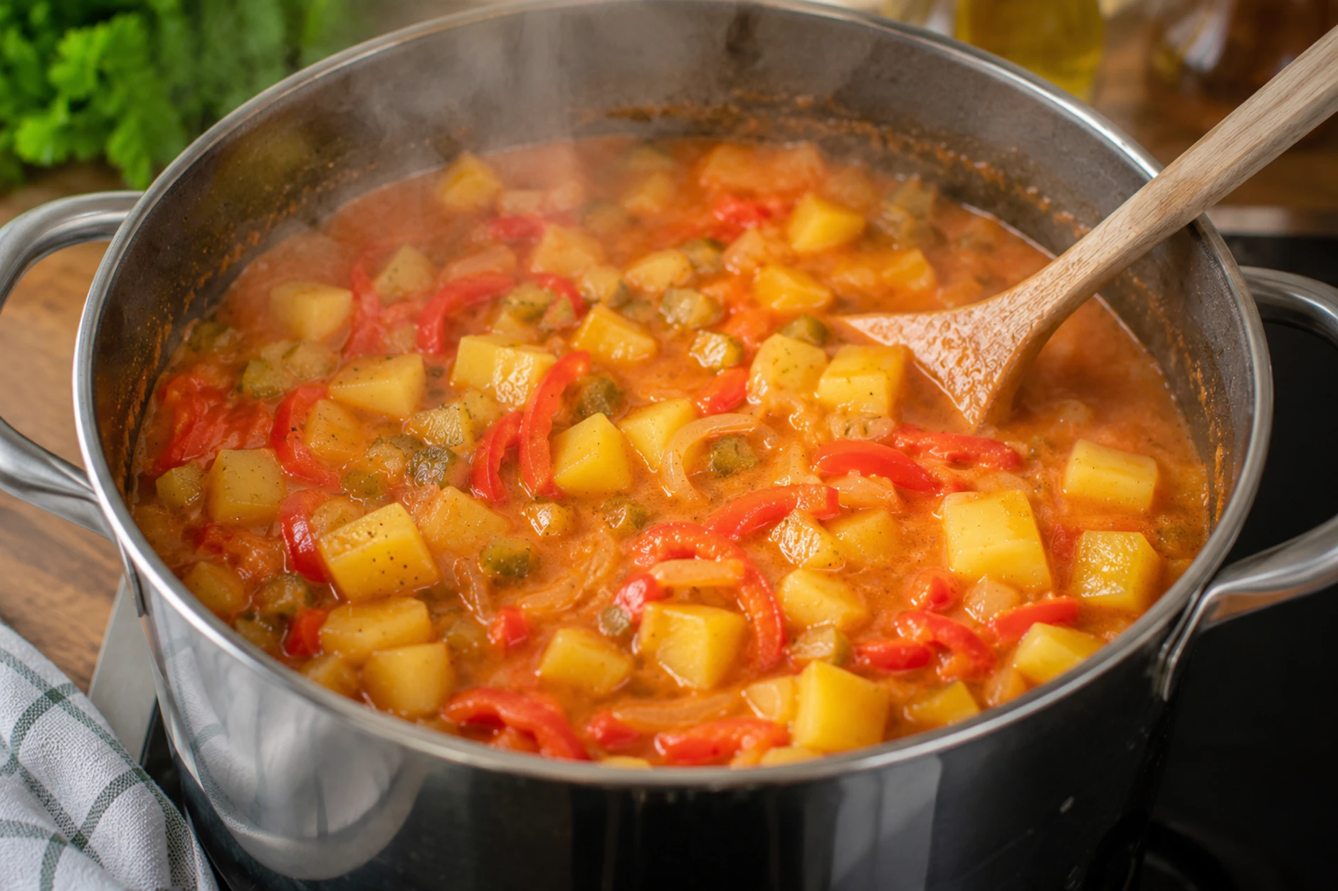 Kartoffelragout köchelt in einem Topf auf dem Herd. Aus wenigen Zutaten bereiten Sie schnell eine richtig große Portion zu. Das perfekte Spar-Essen für Familien mit wenig Geld!