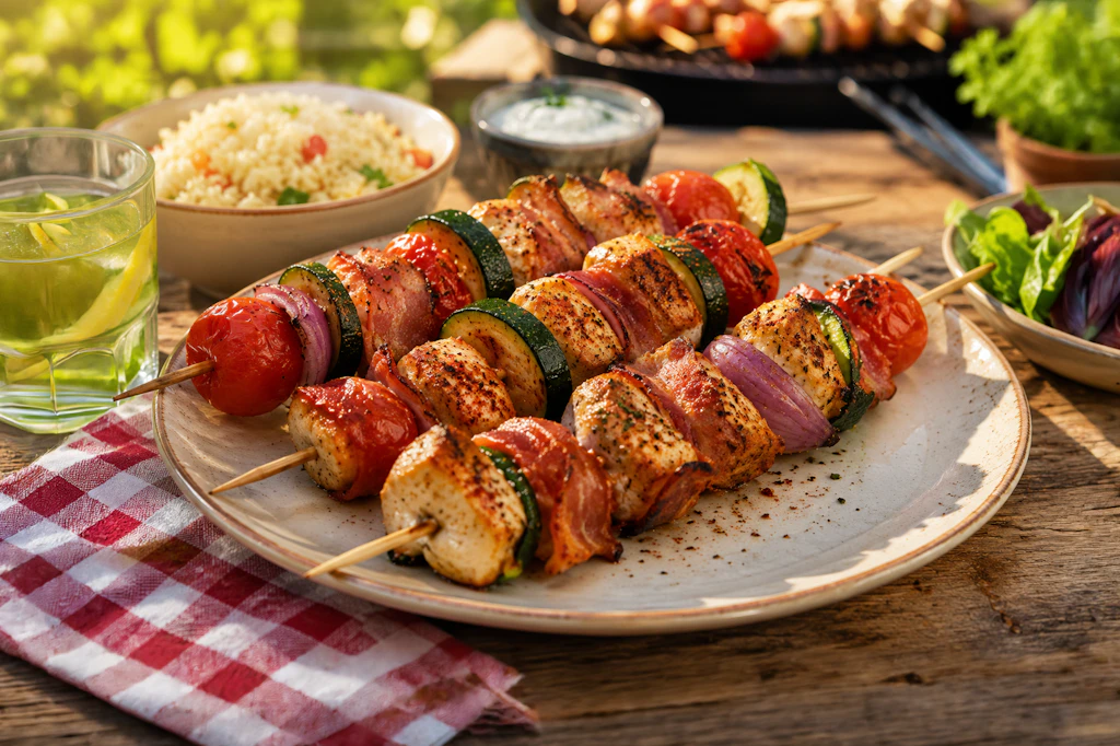 Die bunten Geflügelspieße schmecken vom Grill richtig lecker, sind abeer trotzdem nicht zu schwer. Wer den Grillabend mal etwas kaloriensparender gestalten will, sollte das Rezept testen.