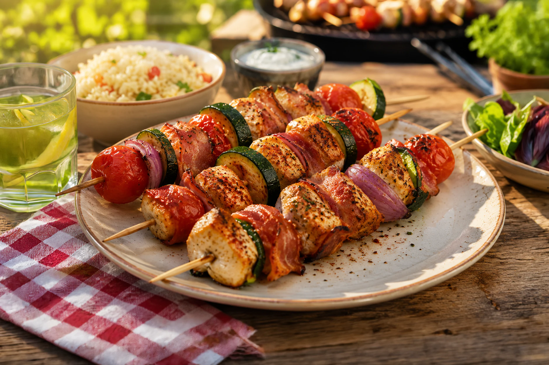 Die bunten Geflügelspieße schmecken vom Grill richtig lecker, sind abeer trotzdem nicht zu schwer. Wer den Grillabend mal etwas kaloriensparender gestalten will, sollte das Rezept testen.