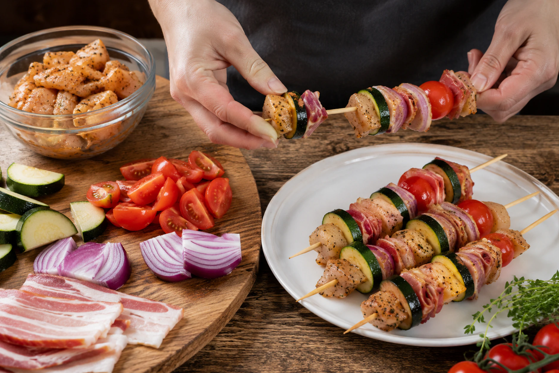 Die unterschiedlichen Zutaten werden ganz einfach auf die Geflügelspieße gesteckt - dann können sie auch schon gegrillt werden.