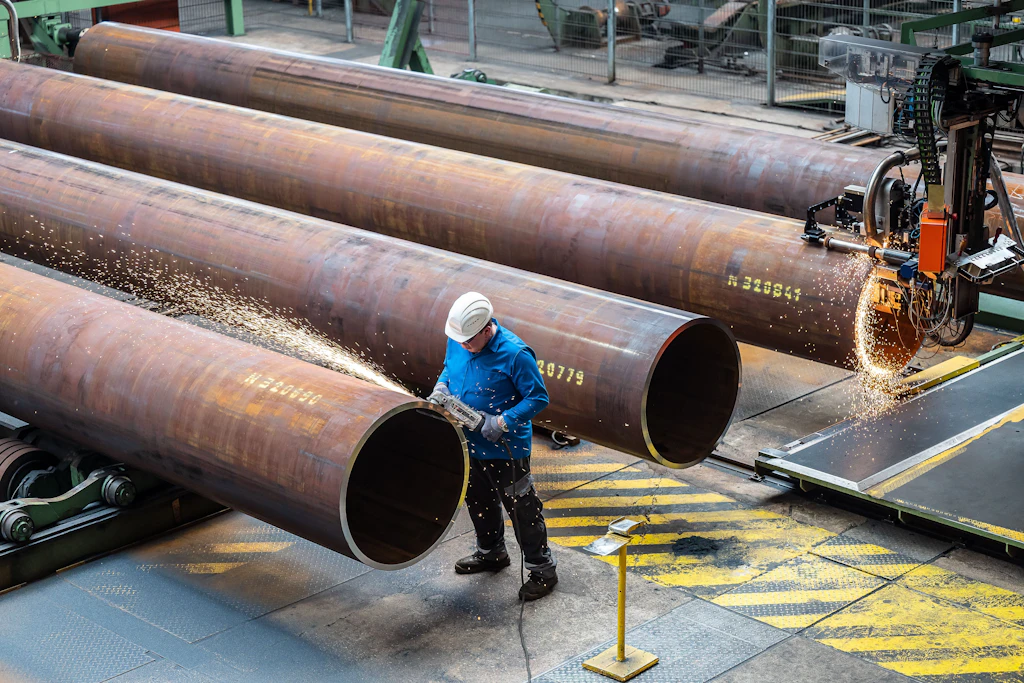 Ein Arbeiter in einer Werkshalle bereitet Pipeline-Rohre für die Verschweißung vor.