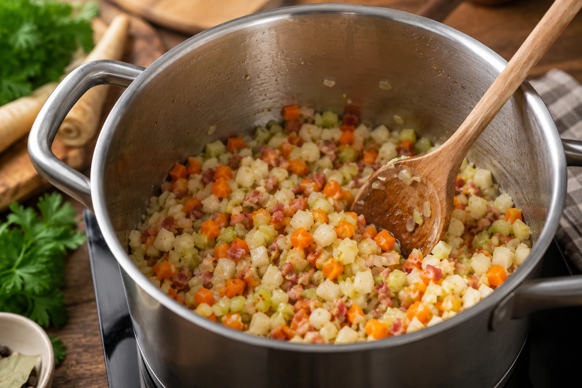 Für die Kartoffelsuppe miss das Suppengemüse mit Speck angebraten werden, das sorgt später für einen richtig kräftigen und deftigen Geschmack.