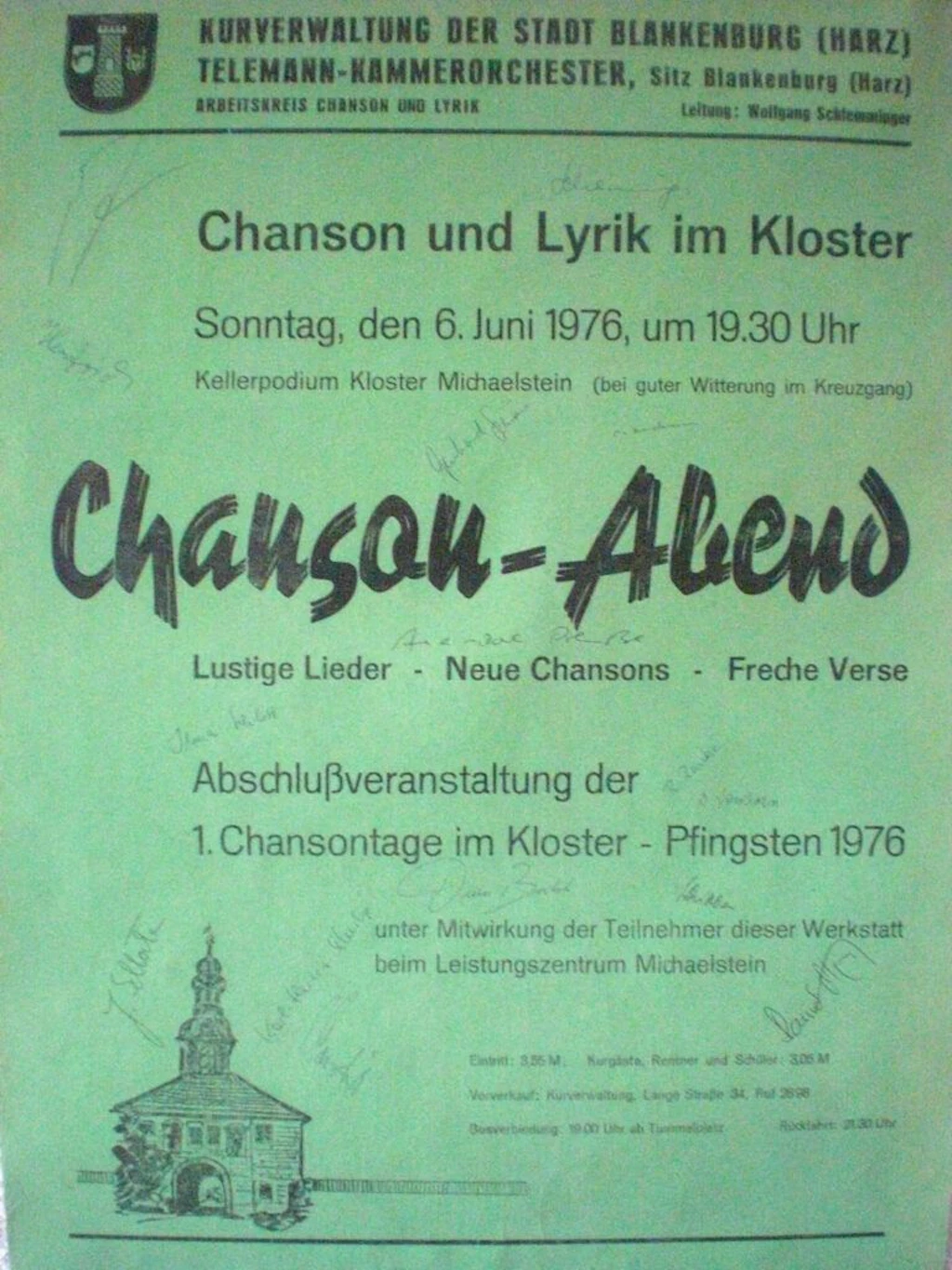 Ankündigungsplakat für die 1. Chansontage in Michaelstein im Jahr 1976