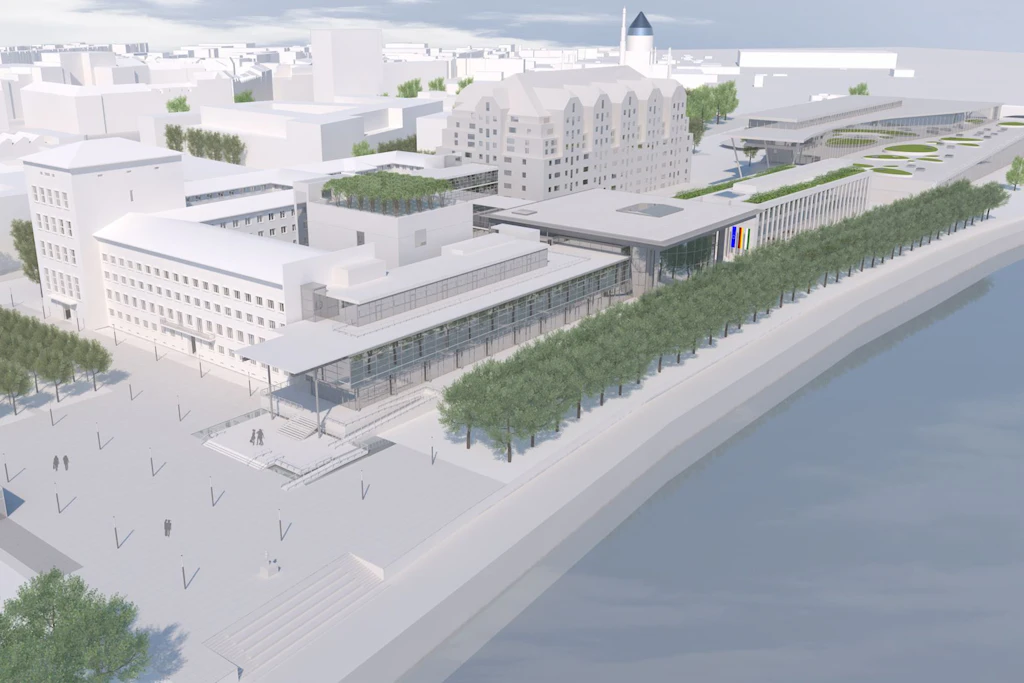 Der sächsische Landtag an der Elbe soll größer und moderner werden. Richtung Maritim-Hotel kommt ein Erweiterungsbau dazu (oben rechts)