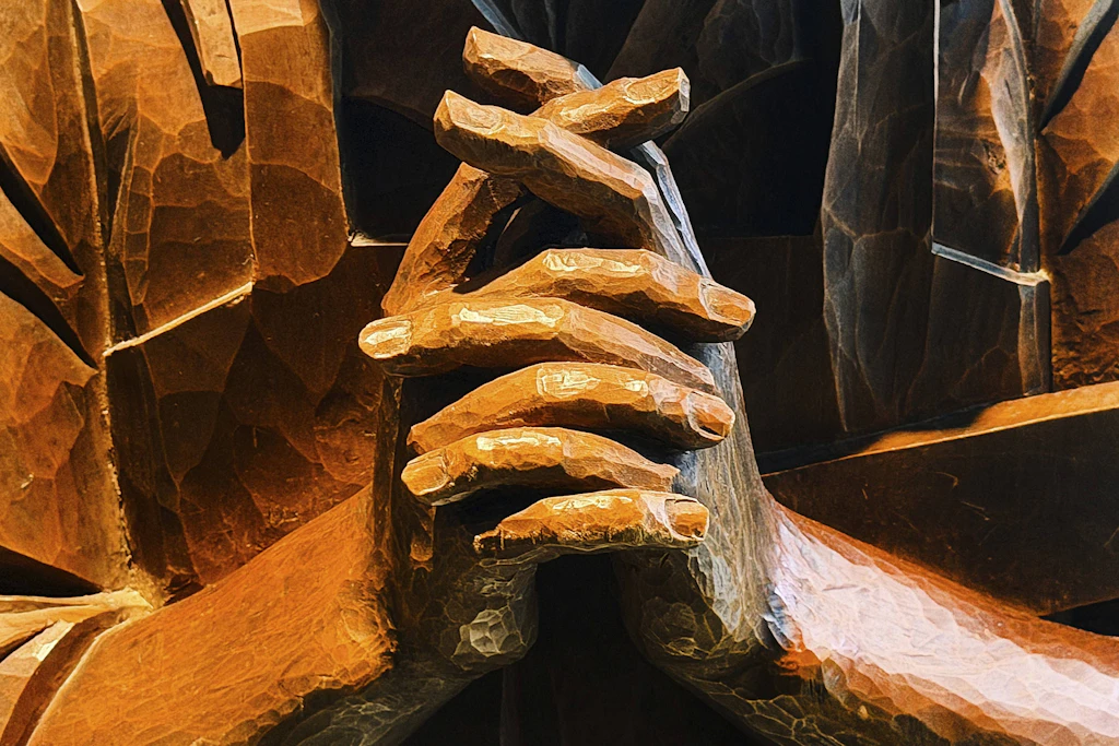 Zeit, um mal innezuhalten: Holzskulptur mit betenden Händen des Sankt Joseph aus der gleichnamigen katholischen Kirche in Wolfsburg