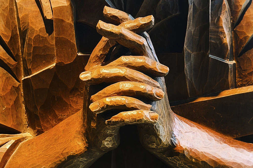 Zeit, um mal innezuhalten: Holzskulptur mit betenden Händen des Sankt Joseph aus der gleichnamigen katholischen Kirche in Wolfsburg