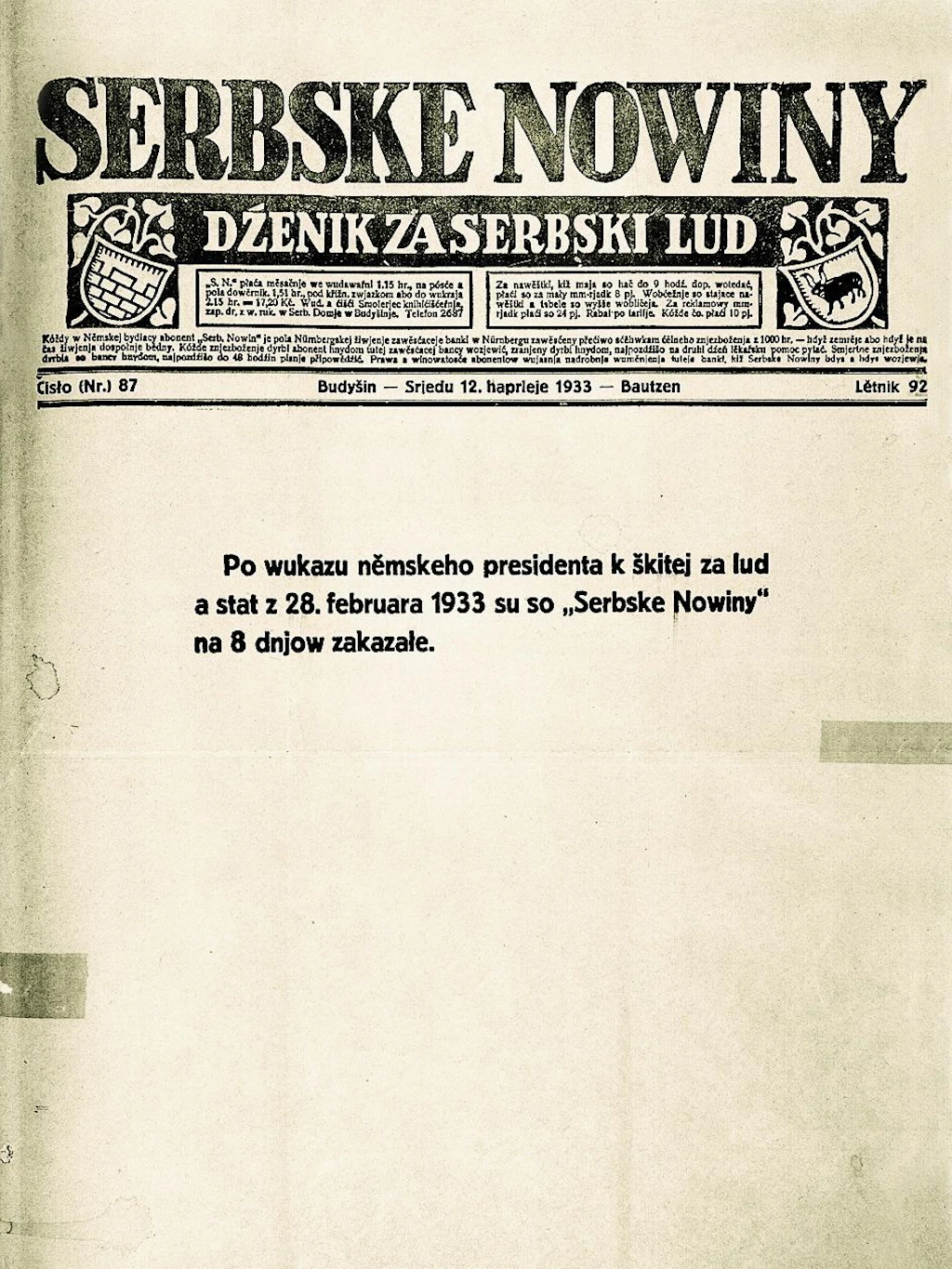 Ankündigung des zeitweiligen Verbots der Zeitung Serbske Nowiny, April 1933