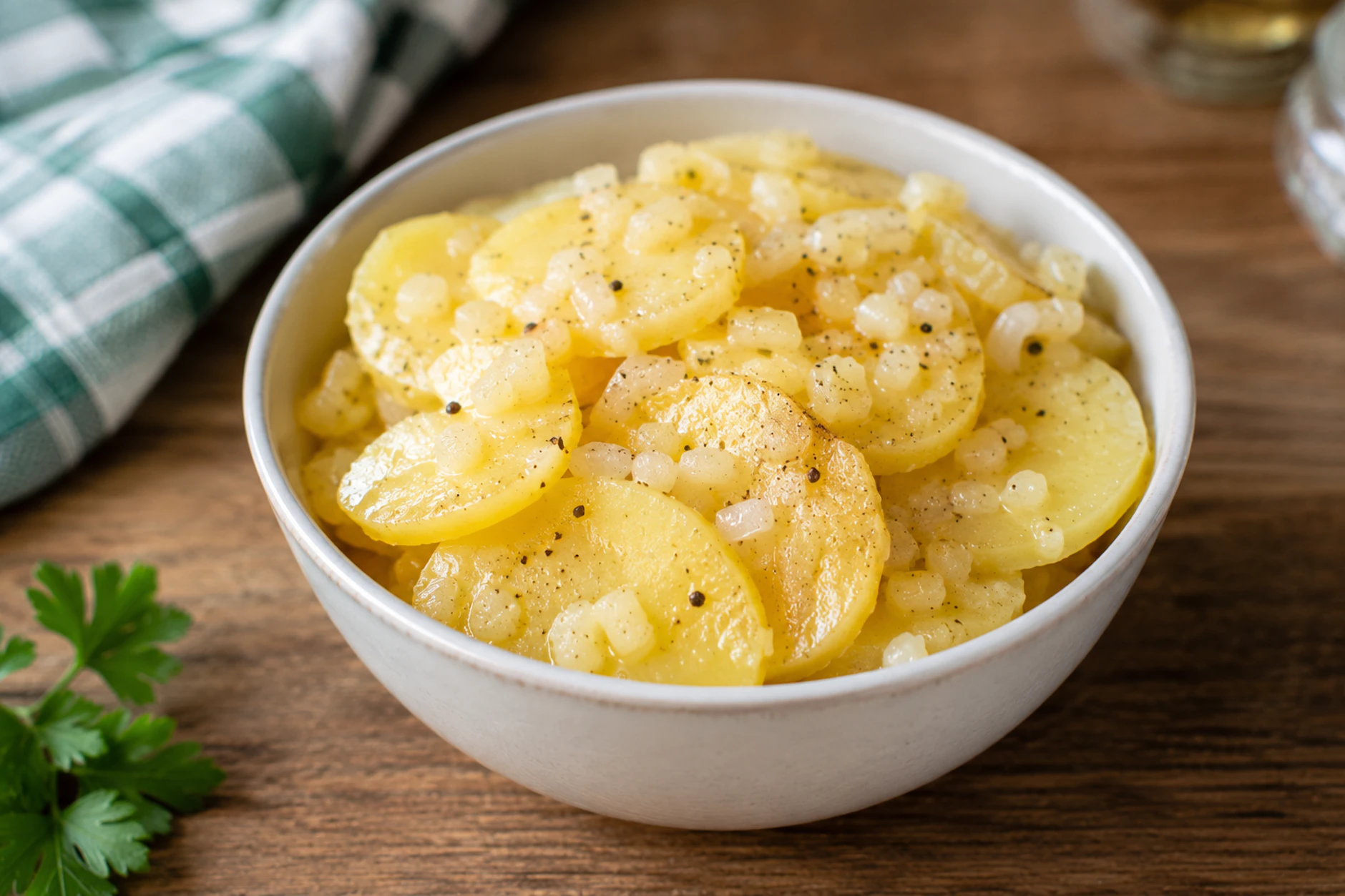 Der Altberliner Kartoffelsalat kann mit und ohne Speck genossen werden. Das Rezept ist herrlich einfach, sie können es aber mit weiteren Zutaten noch etwas verfeinern.
