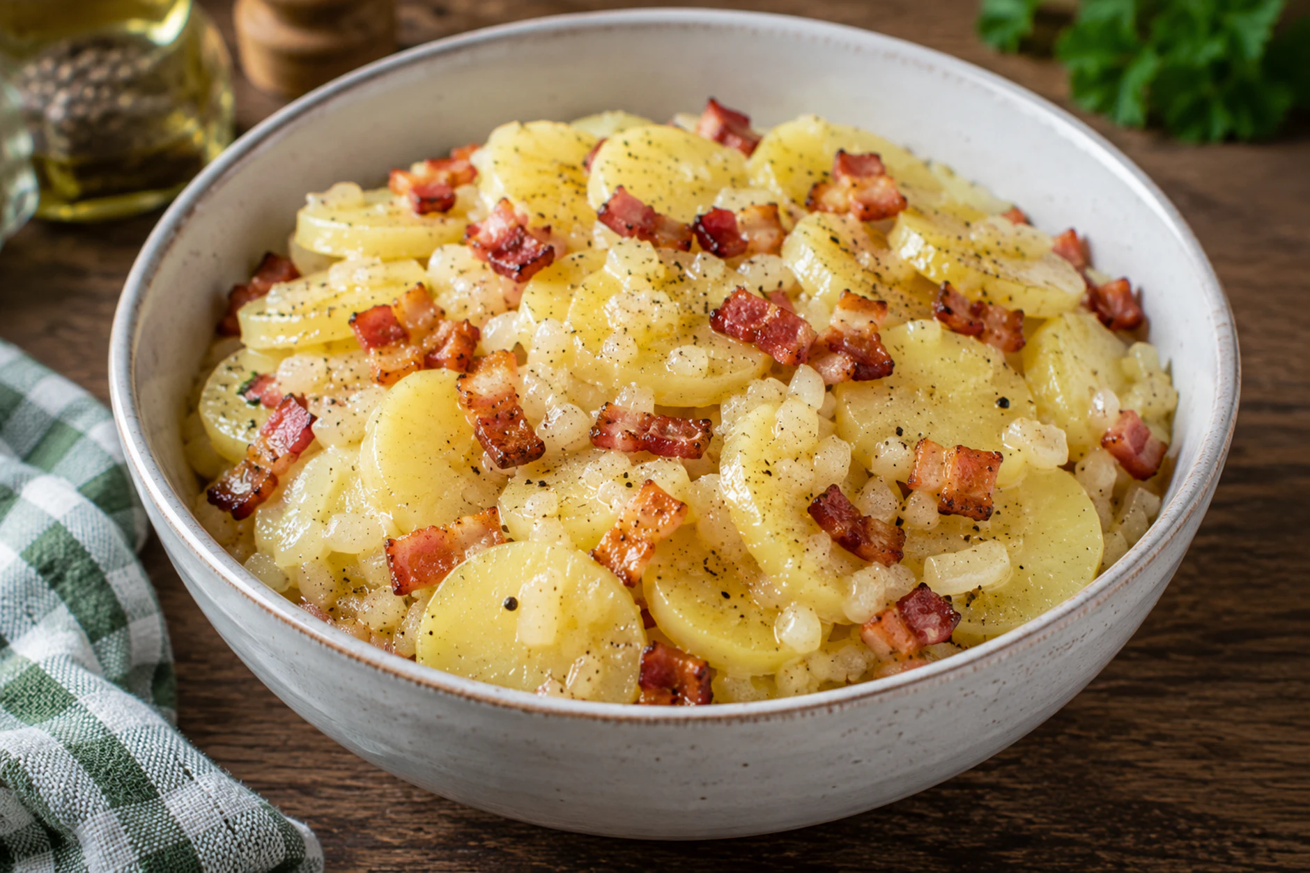 Mit gewürfeltem und ausgelassenem Speck verwandelt sich der Kartoffelsalat von Kurt Drummer in einen Specksalat. Deftig für alle, die Fleisch essen und mögen!