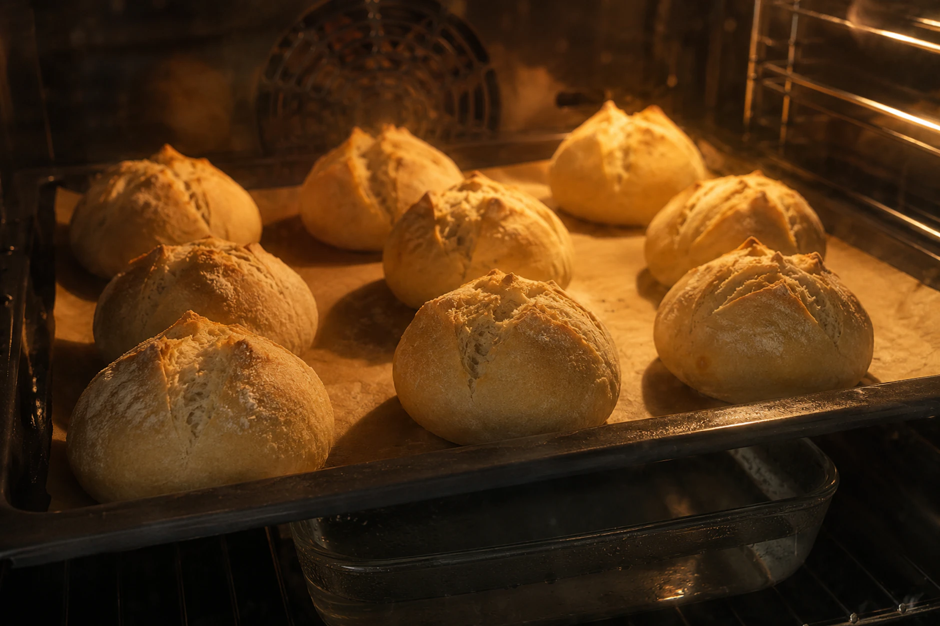 Im Backofen werden die Sonntagsbrötchen innerhalb einer halben Stunde herrlich goldbraun und knusprig. Lassen Sie sie nach dem Backen etwas abkühlen und genießen Sie sie noch lauwarm. Ein Genuss!