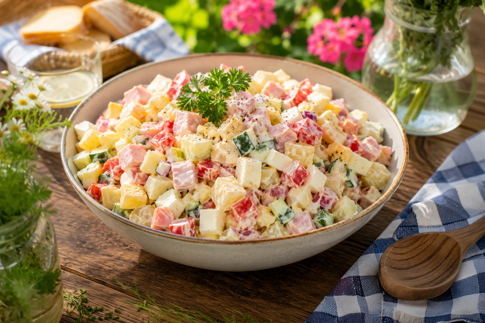 Der 9-Tassen-Salat ist ein echter Hammer auf jeder Grillparty. Aufgrund der einfachen Art der Zubereitung kann man ihn ganz einfach an jede Gästeanzahl anpassen.