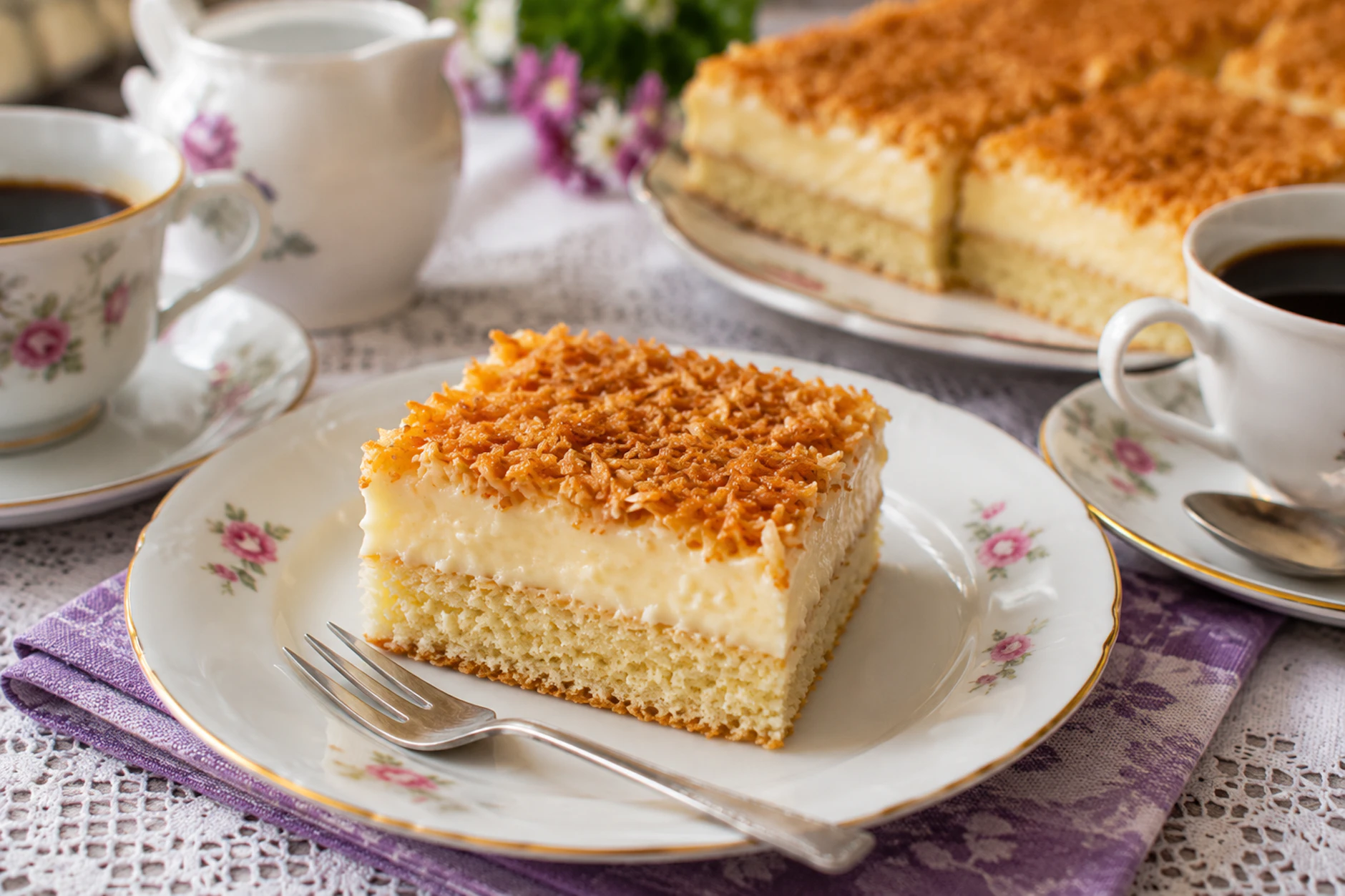 Wattekuchen sieht nicht nur toll aus, sondern schmeckt auch wirklich großartig. Die Kombination aus zartem Pudding und knusprigen, tropischen Kokosraspeln ist der Hammer.