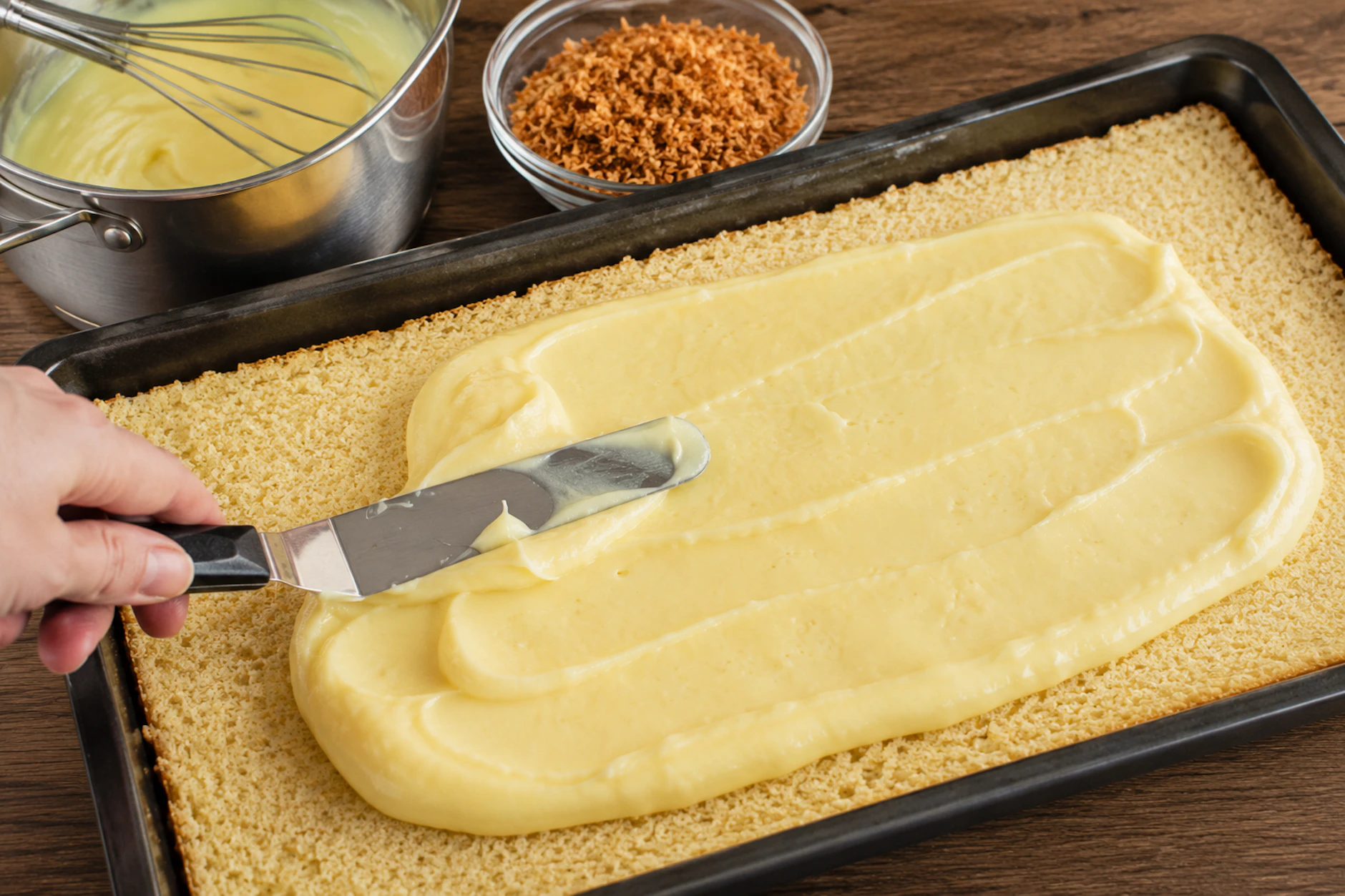 Der cremige Pudding wird auf dem lockeren Boden verteilt. Fehlen nur noch die Kokosraspeln, schon ist der Wattekuchen fertig.
