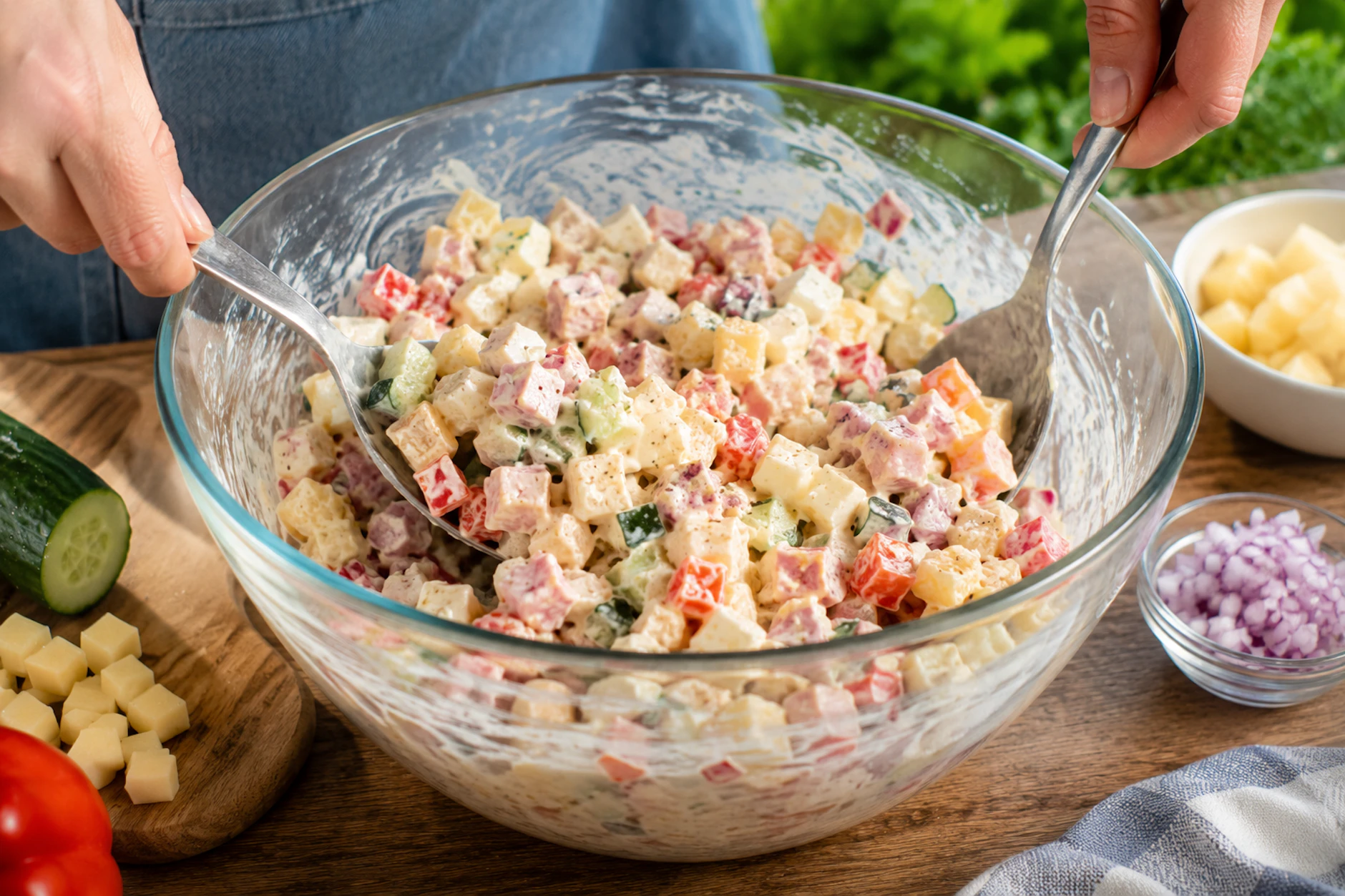 Die Zutaten für den 9-Tassen-Salat werden ganz einfach in einer Schüssel miteinander verrührt. Das geht ganz einfach und schnell.