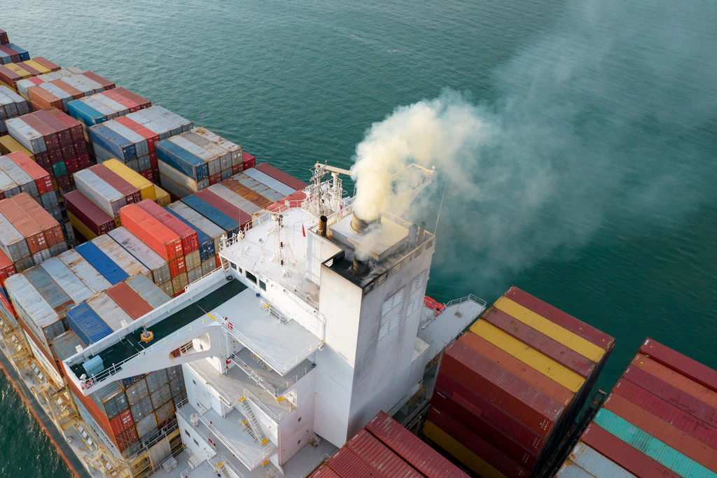 Ein Containerschiff stößt auf See Abgase aus. Viele Reedereien halten an fossilen Treibstoffen fest, während Wasserstoff und Ammoniak an Rückhalt verlieren.