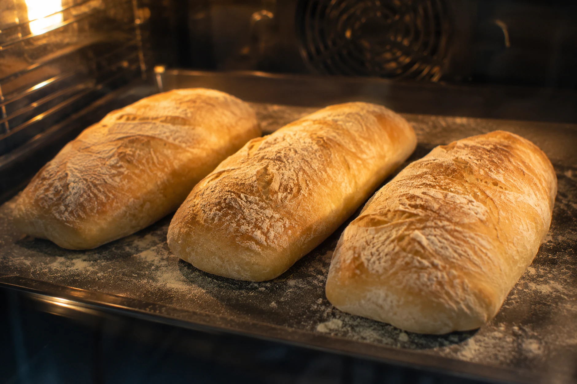 Im Ofen werden die Brote herrlich knusprig. Noch lauwarm in Scheiben geschnitten und mit Kräuterbutter serviert schmeckt das Ciabatta einfach sensationell.