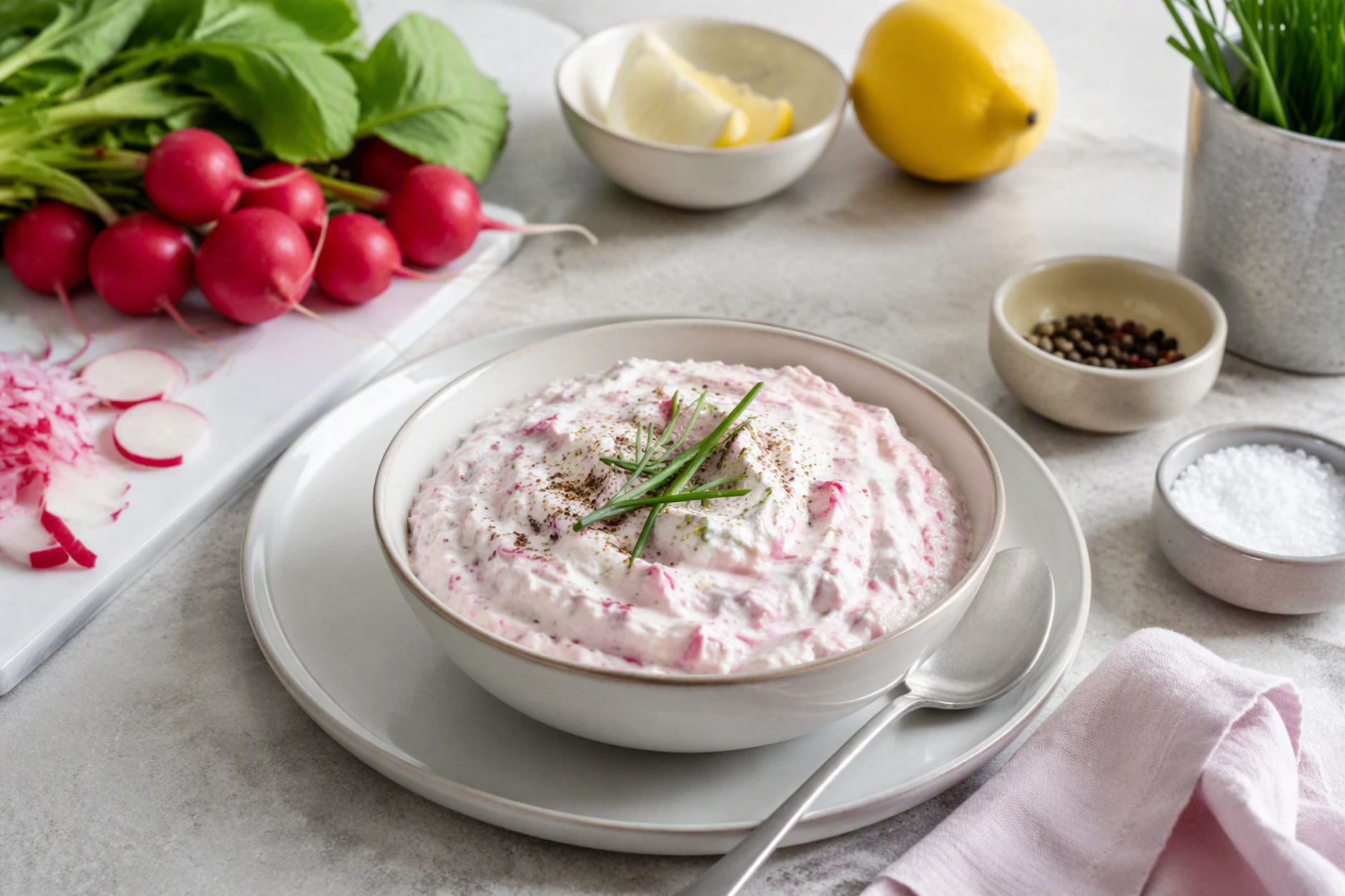 Der Radieschenquark eignet sich sowohl als Dip als auch als frischer Brotaufstrich.