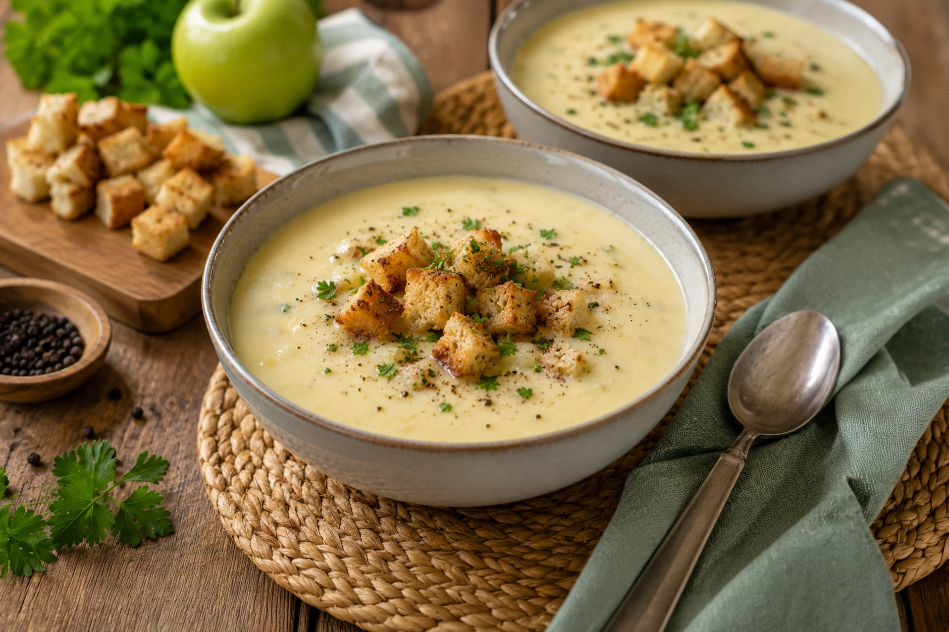 Käsesuppe mit Pfeffer-Croutons ist ein richtig leckeres und einfaches Abendessen, das nach einem anstrengenden Tag einfach Balsam für die Seele ist.