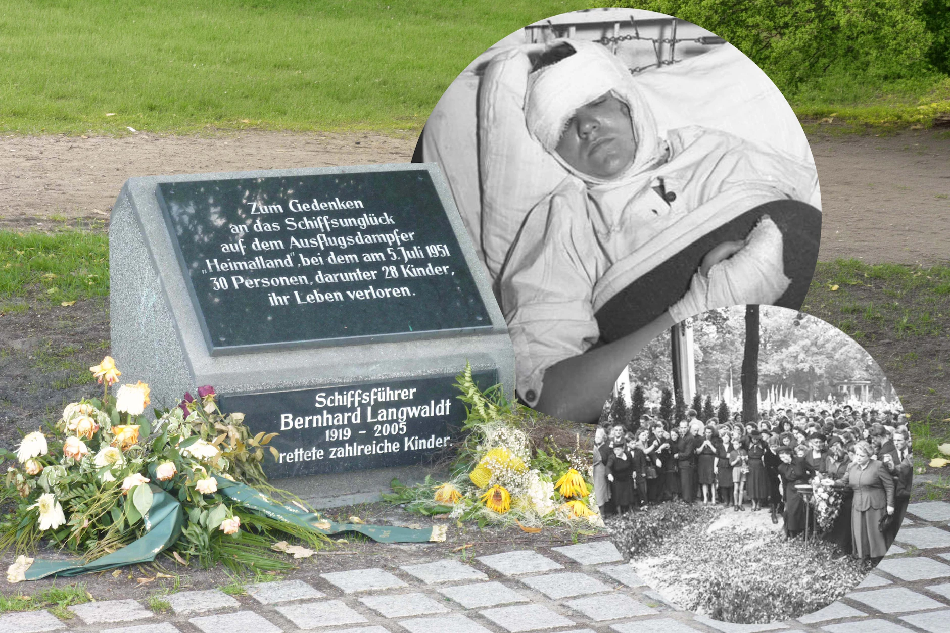 Noch heute erinnert ein Gedenkstein am Treptower Hafen an das Unglück. Die Schwarz-Weiß-Fotos zeigen die Trauerfeier auf dem Zentralfriedhof Friedrichsfelde und eine verletzte Pionierleiterin in einem DDR-Krankenhaus.