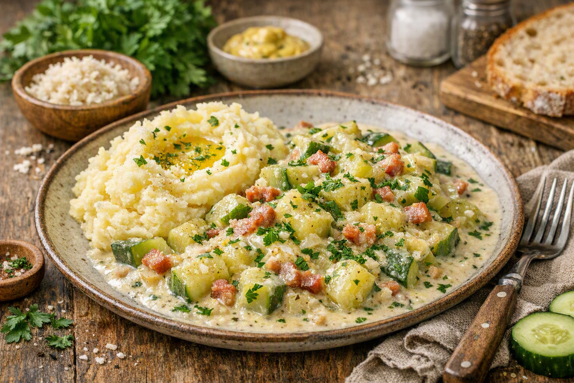 Zu den Gurken aus der Pfanne passt Kartoffelpüree besonders gut. Lassen Sie es sich schmecken und genießen Sie das leckere Sommergemüse!