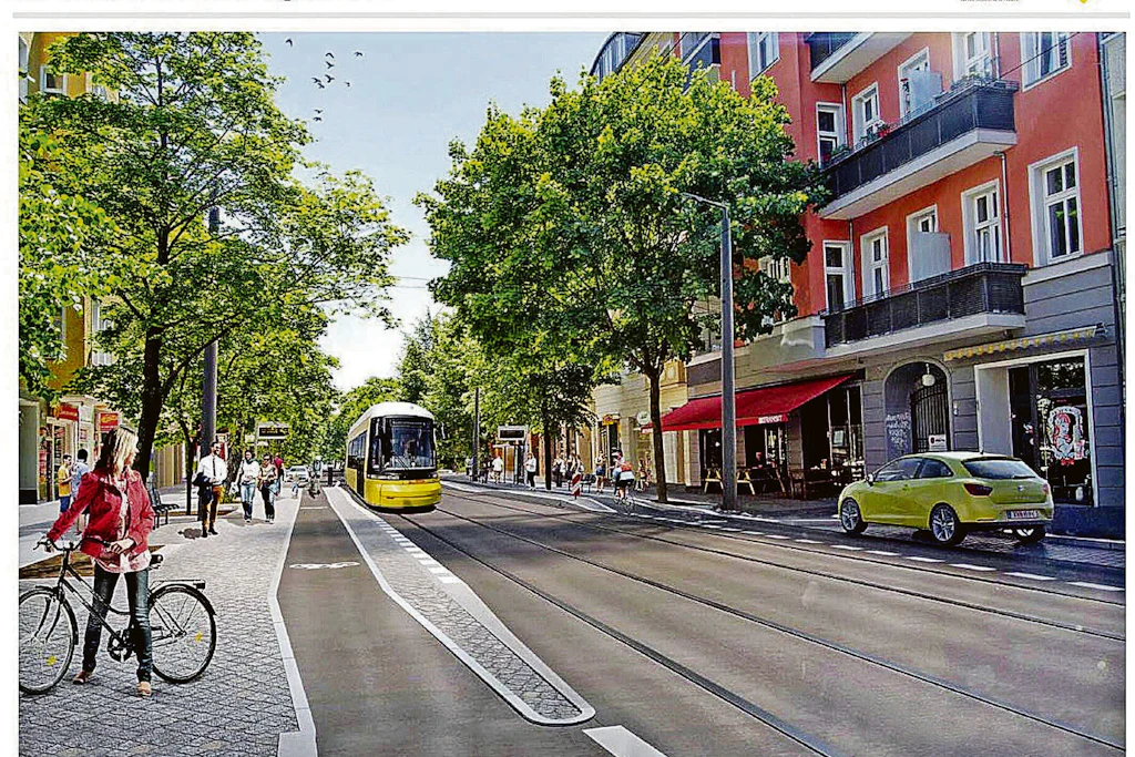 So soll die Straßenbahnstrecke in der Sonntagstraße in Friedrichshain. Vor drei Jahrzehnten begann des Projekt, das Ostkreuz an die Tram anzuschließen. Noch immer ist kein Baustart in Sicht. Die IGEB befürchtet, dass der gesamte Tramausbau ins Stocken gerät.