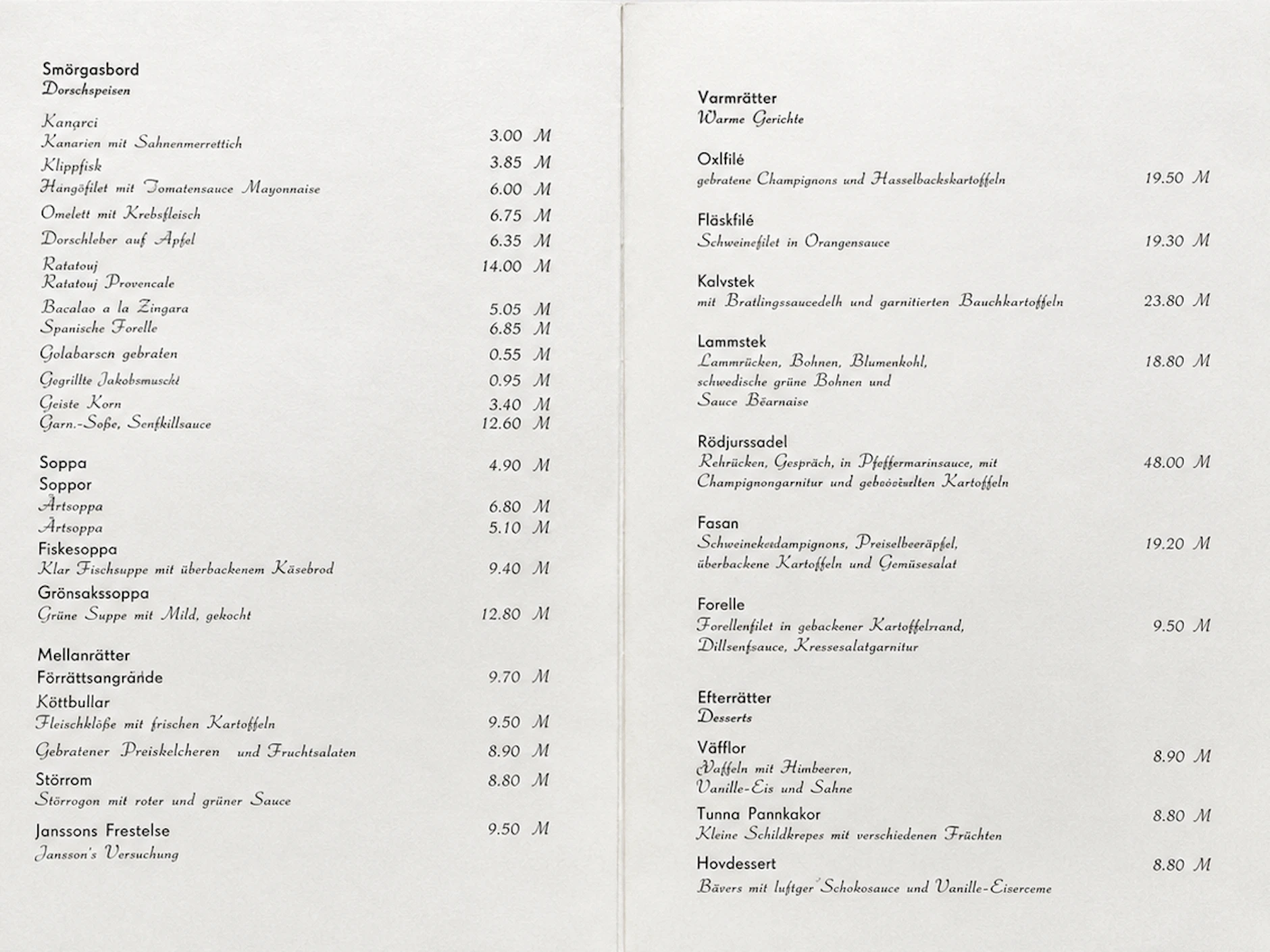 Eine Speisekarte aus dem „Friedrichshof“ in Berlin-Friedrichshagen: Vom 24. bis zum 29. November 1987 wurden hier schwedische Spezialitäten serviert.