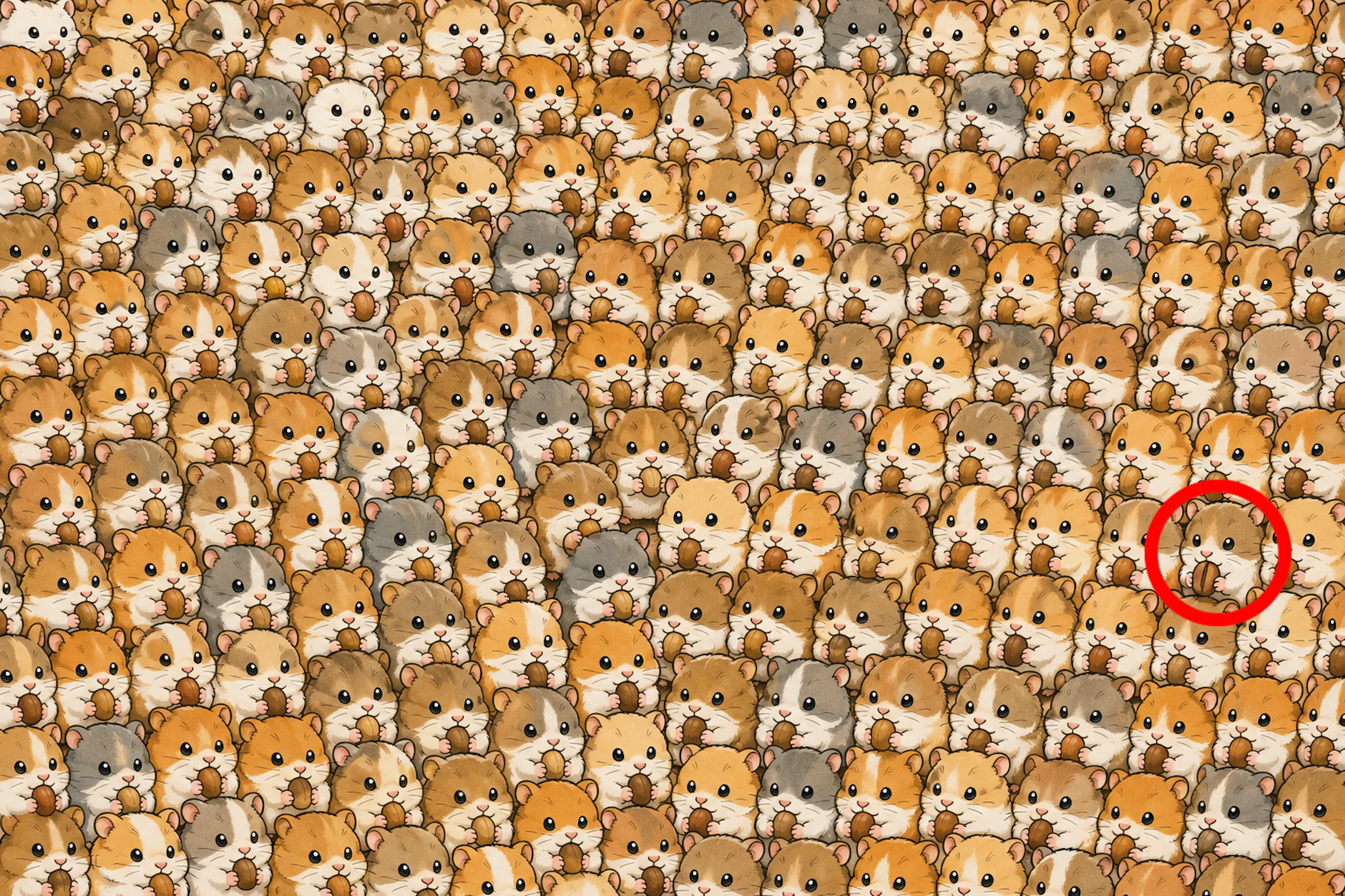 Da ist er, der Schlingel! Am rechten Rand in unserem Suchbild der Woche versteckt sich ein Hamster mit einer Kaffeebohne in den Pfoten. Haben Sie ihn gefunden?