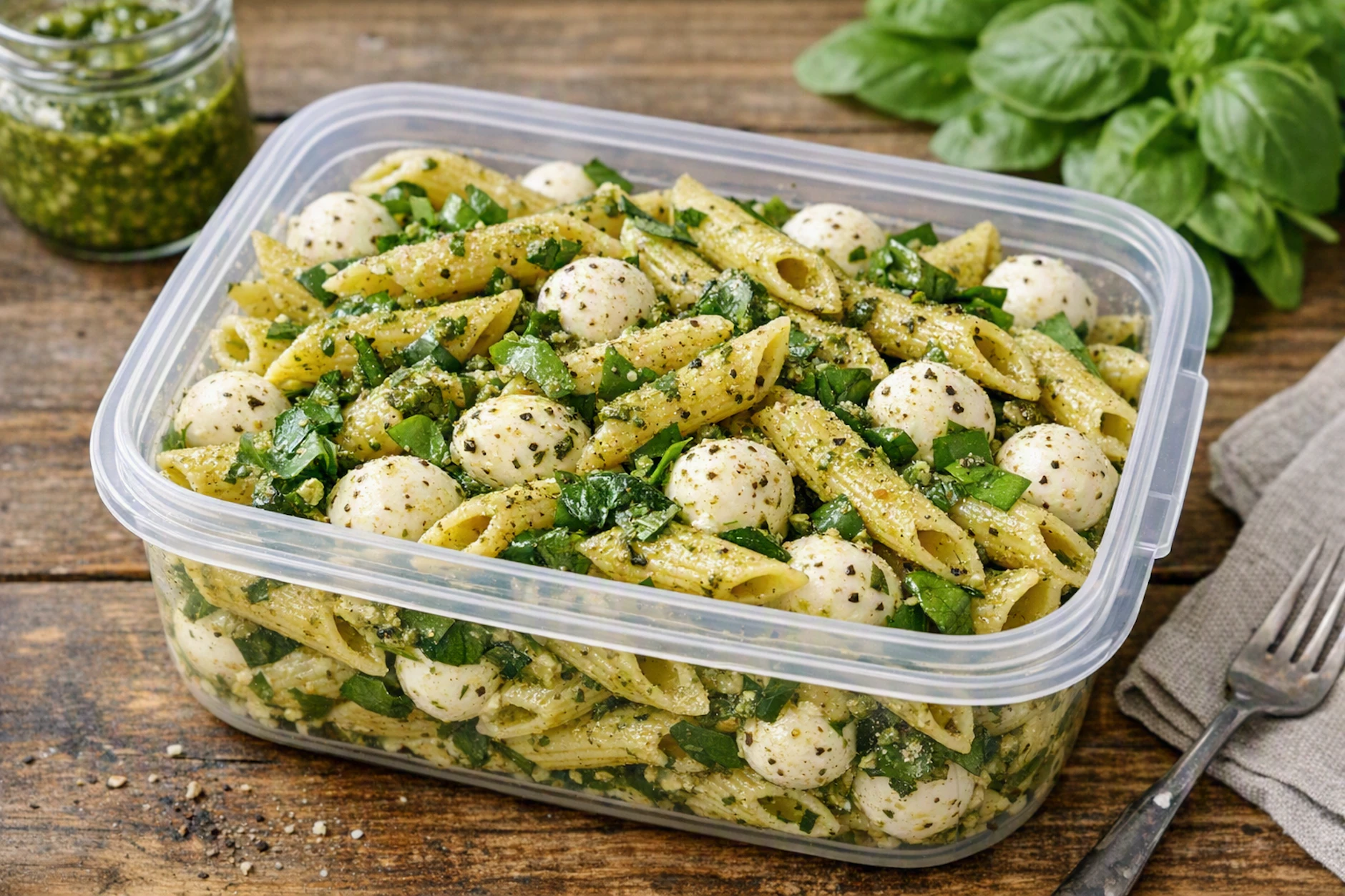 Der Nudelsalat ist perfekt, um ihn in einer Frischhaltedose mit ins Büro zu nehmen.