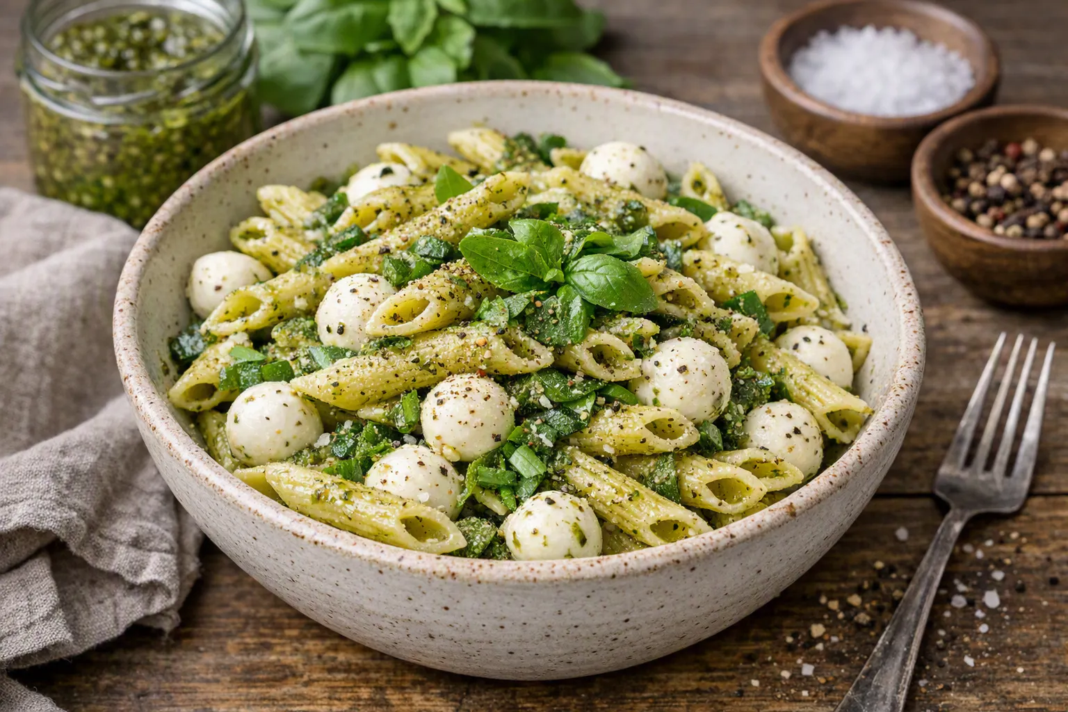 Schnell fertig, sommerlich frisch und perfekt fürs Büro: Leckerer Nudelsalat mit Pesto und Mozzarella.