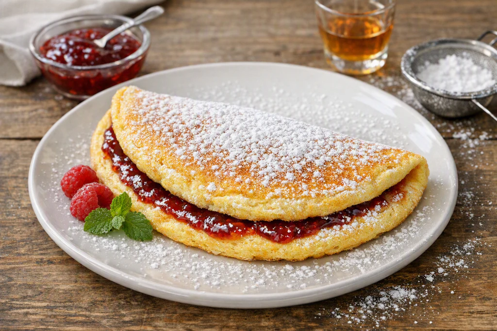 Fertig! Das Omelett Stephanie schmeckt nicht nur genial, sondern sieht auch noch richtig hübsch aus, wenn man es adrett auf einem Teller serviert. Guten Appetit!