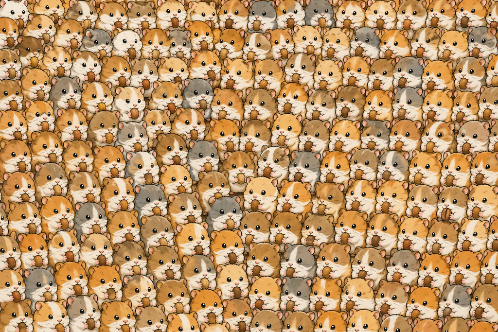 Unser Suchbild der Woche: Etliche Hamster sind darauf zu sehen, alle futtern ein Körnchen. Alle? Nee! Einer hält eine Kaffeebohne in den Pfoten. Wer ihn gefunden hat, hat Adleraugen bewiesen!