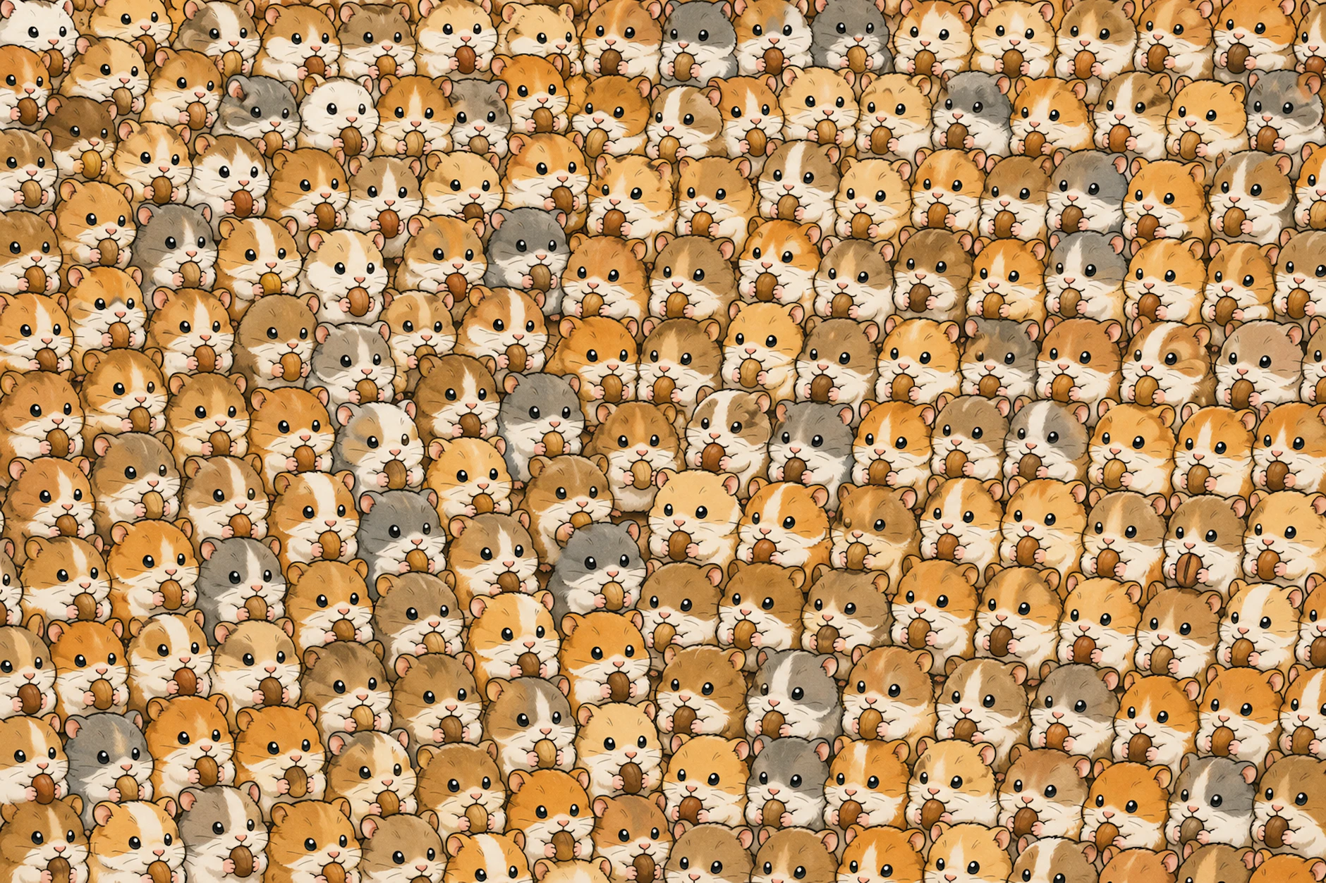 So viele Hamster, doch nur einer davon wird in der kommenden Nacht schlecht schlafen: Finden Sie den kleinen Schlingel, der statt einem Korn eine Kaffeebohne futtert?