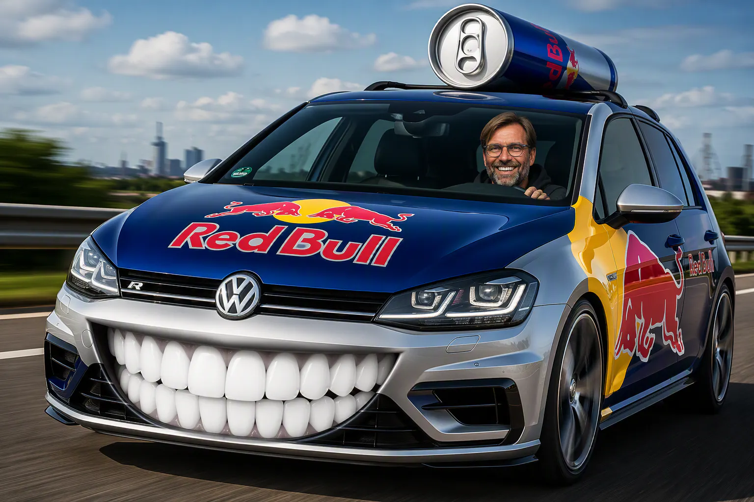 Der KURIER macht diesen Vorschlag: DFB-Sponsor VW bringt in Zusammenarbeit mit Red Bull den Golf als Klopp-Bundestrainer-Edition mit weißen Zähnen als Kühlergrill heraus.