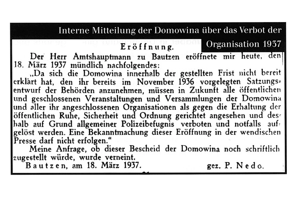 Mit diesem Schreiben informierte Pawol Nedo über das Verbot der Domowina.
