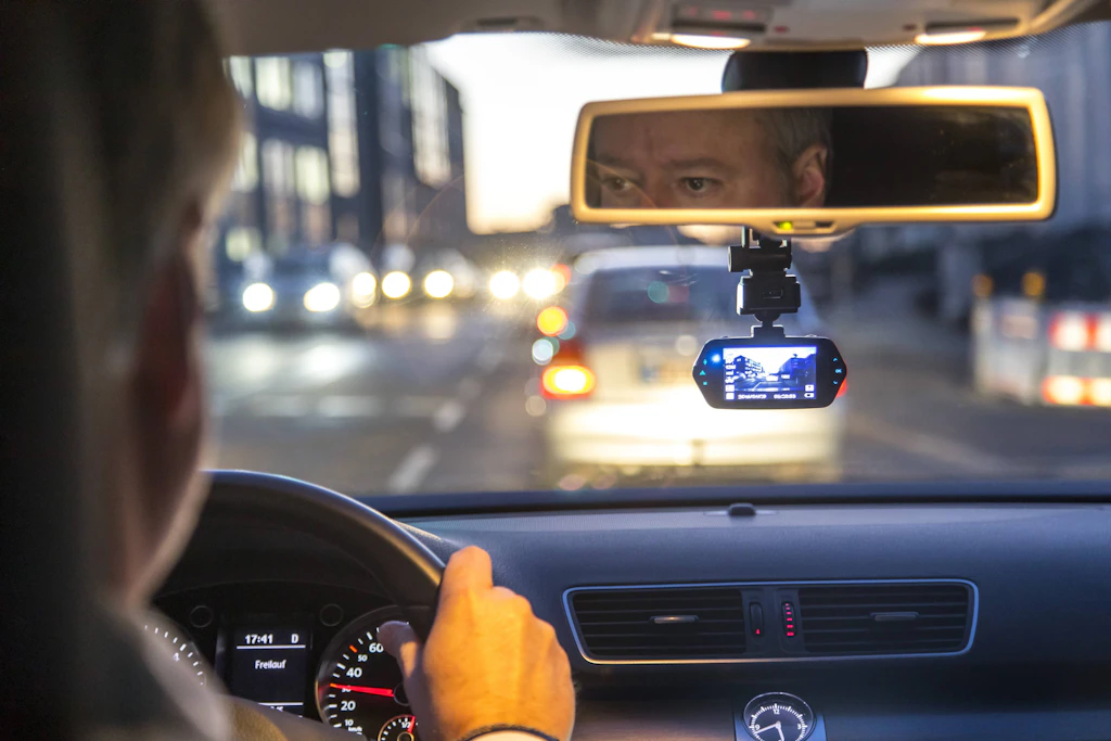 Eine Dashcam an der Windschutzscheibe eines Autos