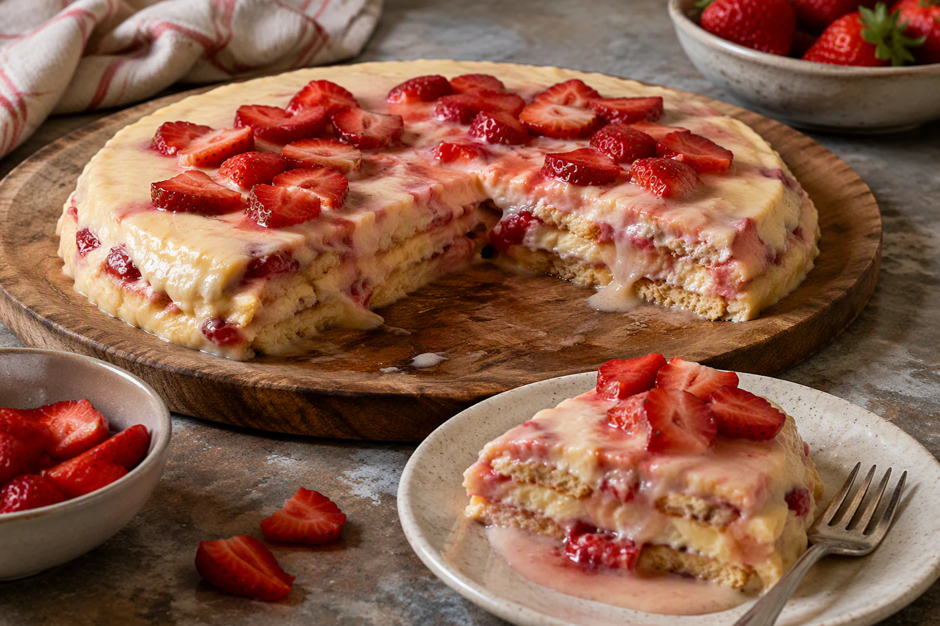Die kleine Puddingleckerei kann auch in einer flachen Schüssel angerichtet werden. Diese wird dann gestürzt und das Dessert wie ein Kuchen serviert.
