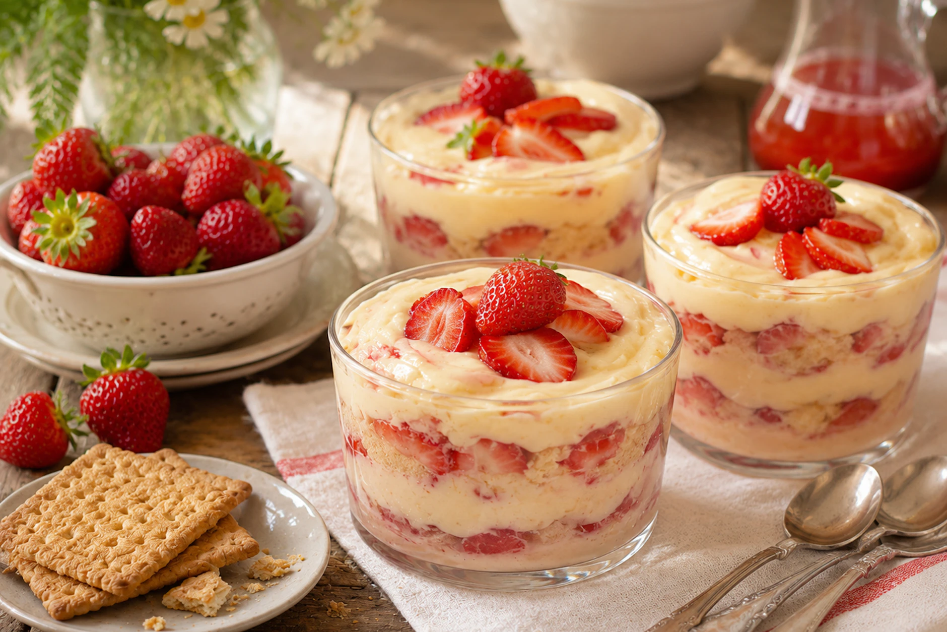 Kekse, Pudding und Erbeeren werden übereinander geschichtet: In flachen, breiten Gläsern kann die "Kleine Puddingleckerei" von Kurt Drummer sehr schön angerichtet werden.