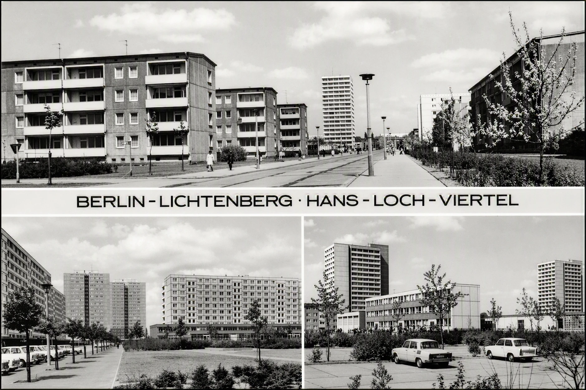 Eine DDR-Postkarte zeigt, wie das Hans-Loch-Viertel damals aussah. Prägend für die erste Bauphase waren Viergeschosser (oben), später folgten Hochhäuser.