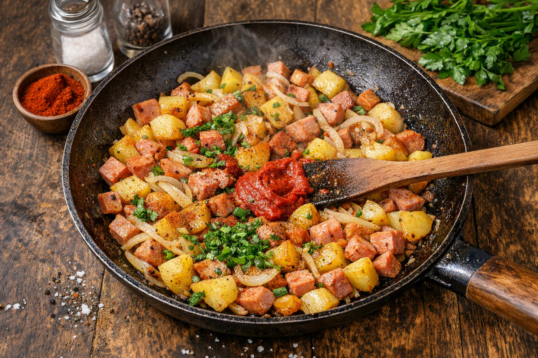 Kartoffeln, Jagdwurst, Zwiebeln und Gewürze: Mehr braucht es nicht für ein Essen, das einfach nur richtig glücklich macht!