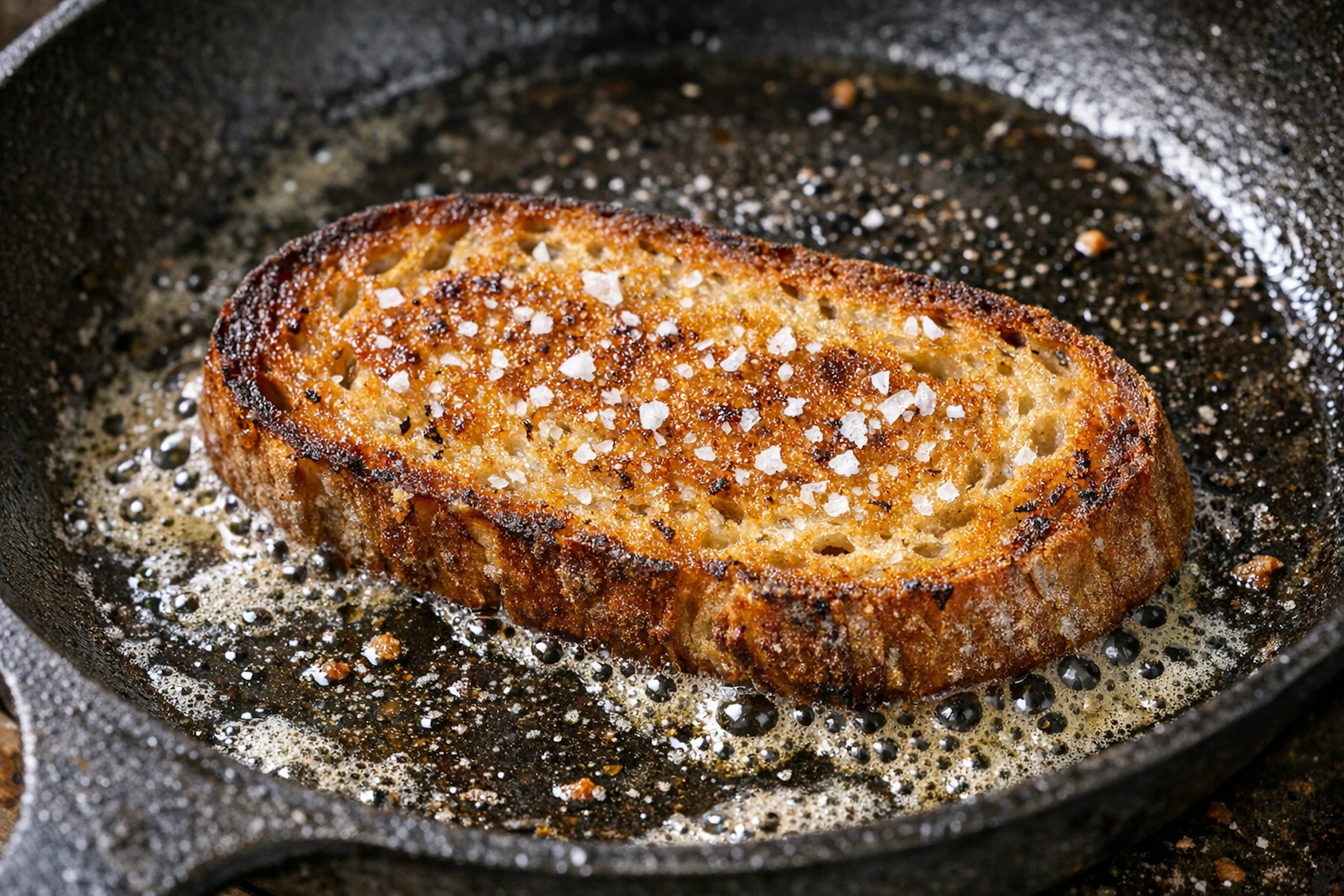 Die klassische Bratstulle wird in Butter angebraten und dann mit grobem Meersalz verfeinert. Das ist aber nur das Grundrezept des Klassikers aus Omas Zeiten.
