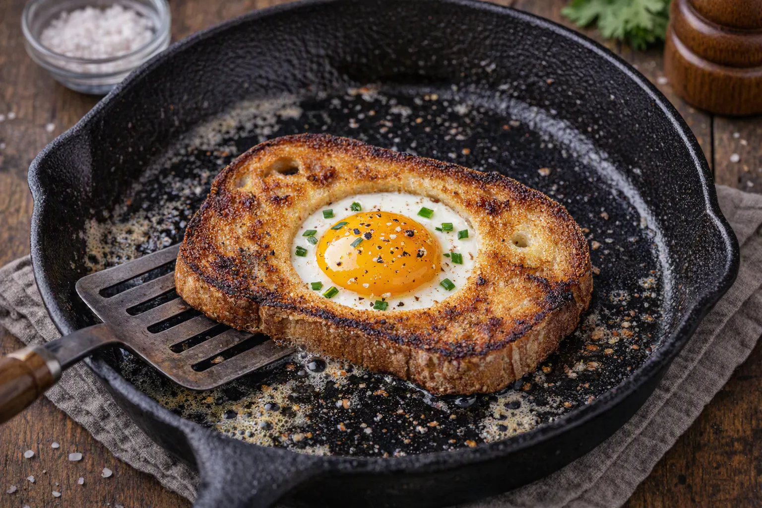 Für die Bemme mit Loch wird ein Loch in das Brot gestochen. Nach dem ersten Anbraten kommt dann ein Ei hinein und wird mit dem Brot angebraten.