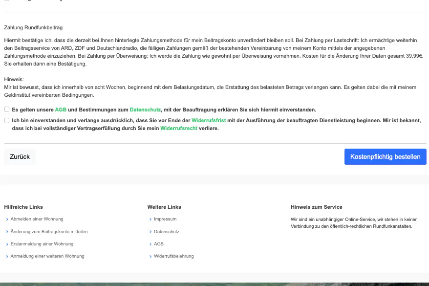 Vorsicht vor dem Absenden: Hier steht am Ende des ersten Absatzes, dass 39,99 Euro für die An- bzw. Ummeldung fällig sind.